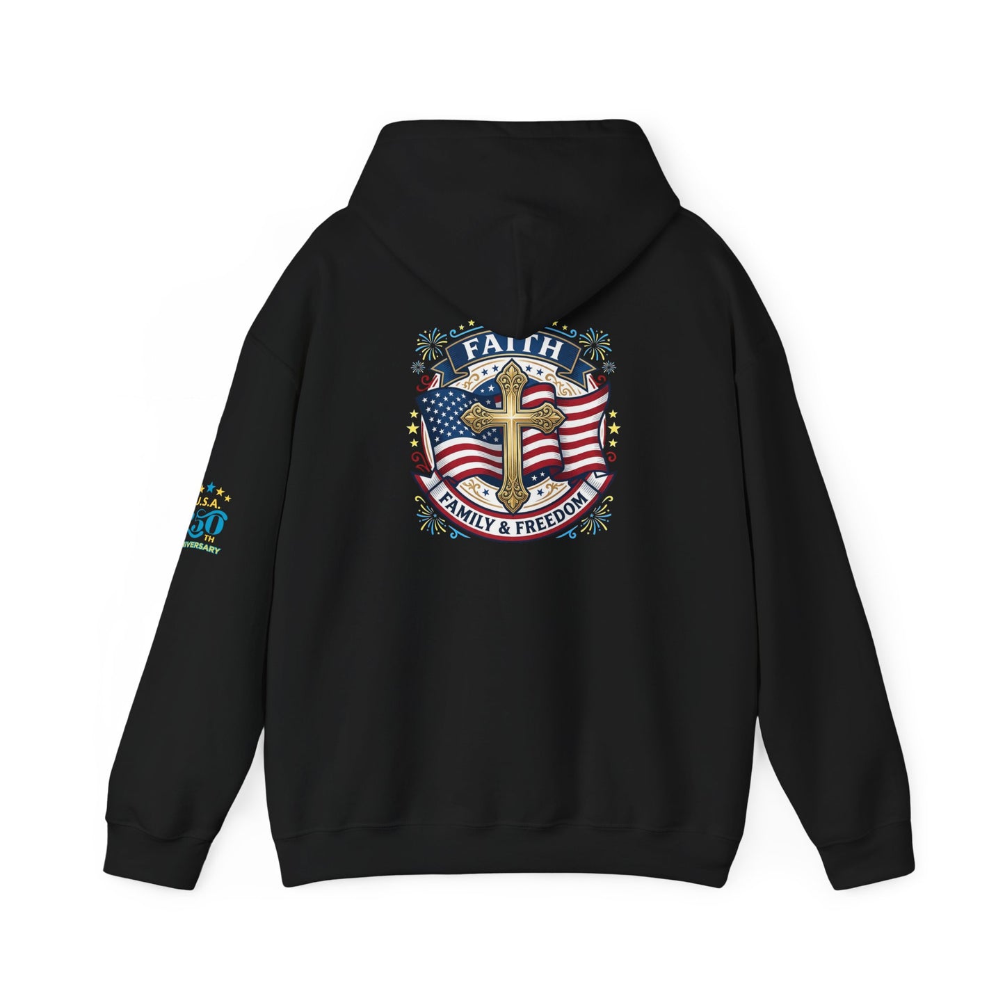 Faith, Family & Freedom Hoodie — Patriotic Cross American Flag Sweatshirt (USA 250th)
