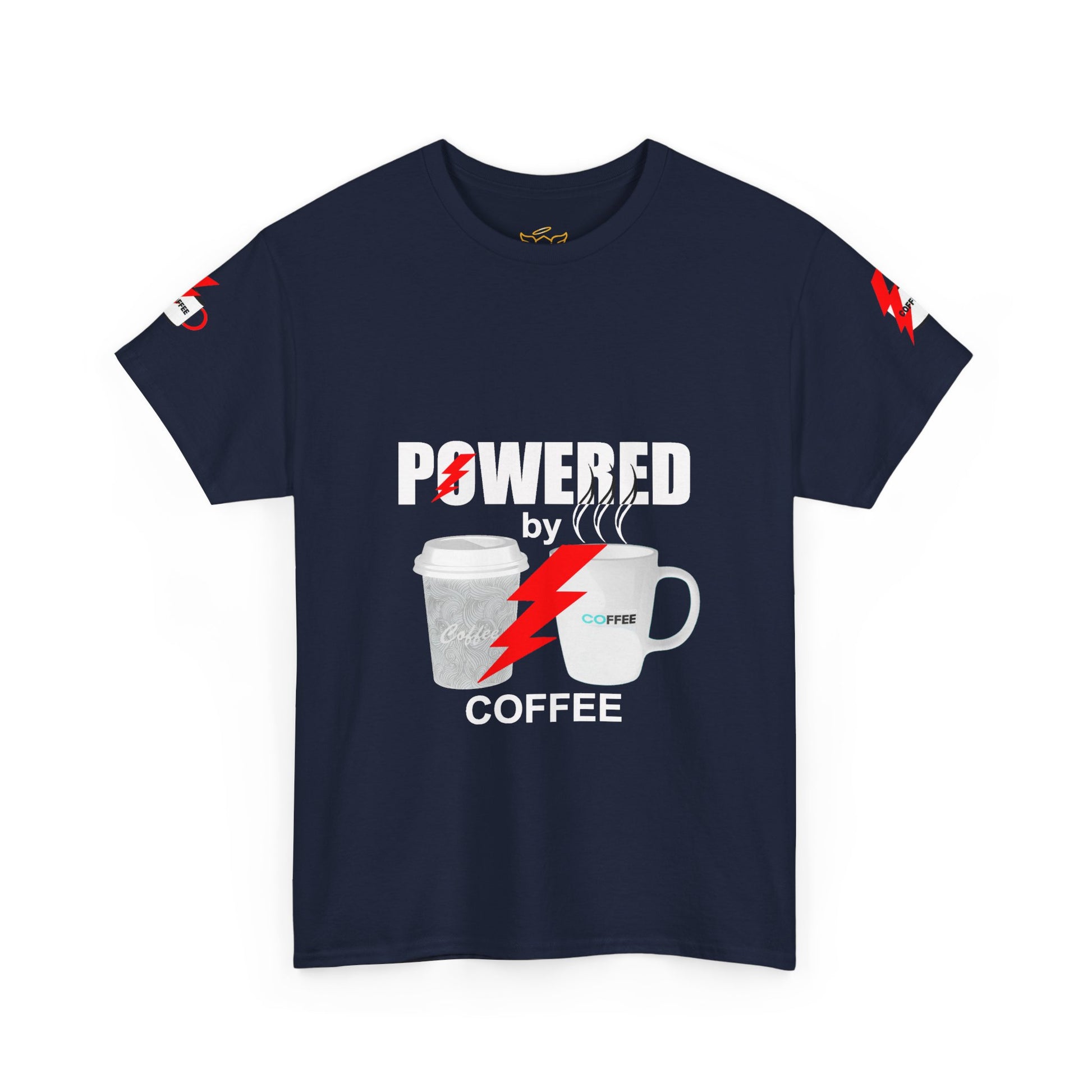 Coffee Lovers Cotton T-shirt - Powered by Coffee. Navy blue t-shirt with 'Powered by Coffee' graphic on a white background