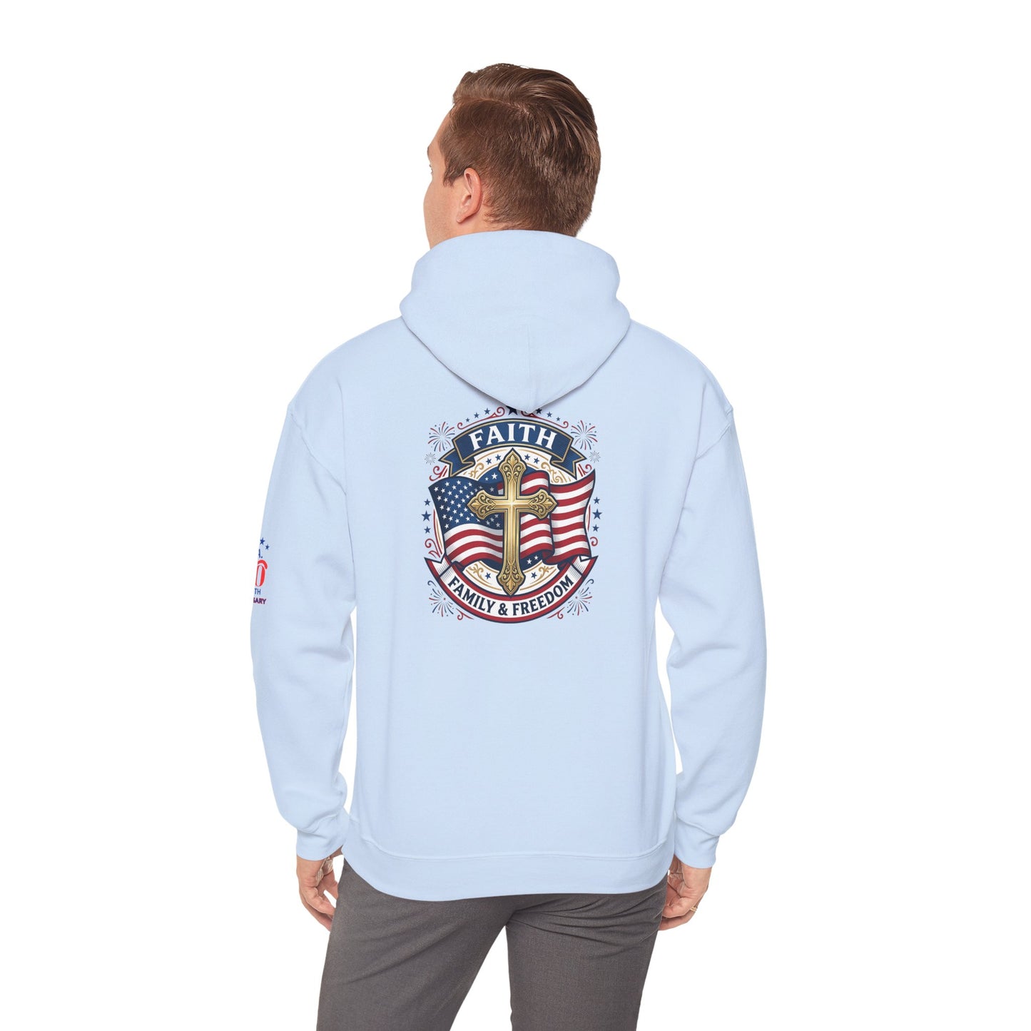 Faith, Family & Freedom Hoodie — Patriotic Cross American Flag Sweatshirt (USA 250th)