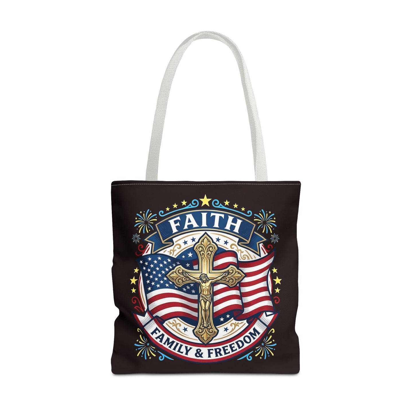 Faith, Family & Freedom Cross Bag — Patriotic American Flag Canvas Tote (USA 250th)