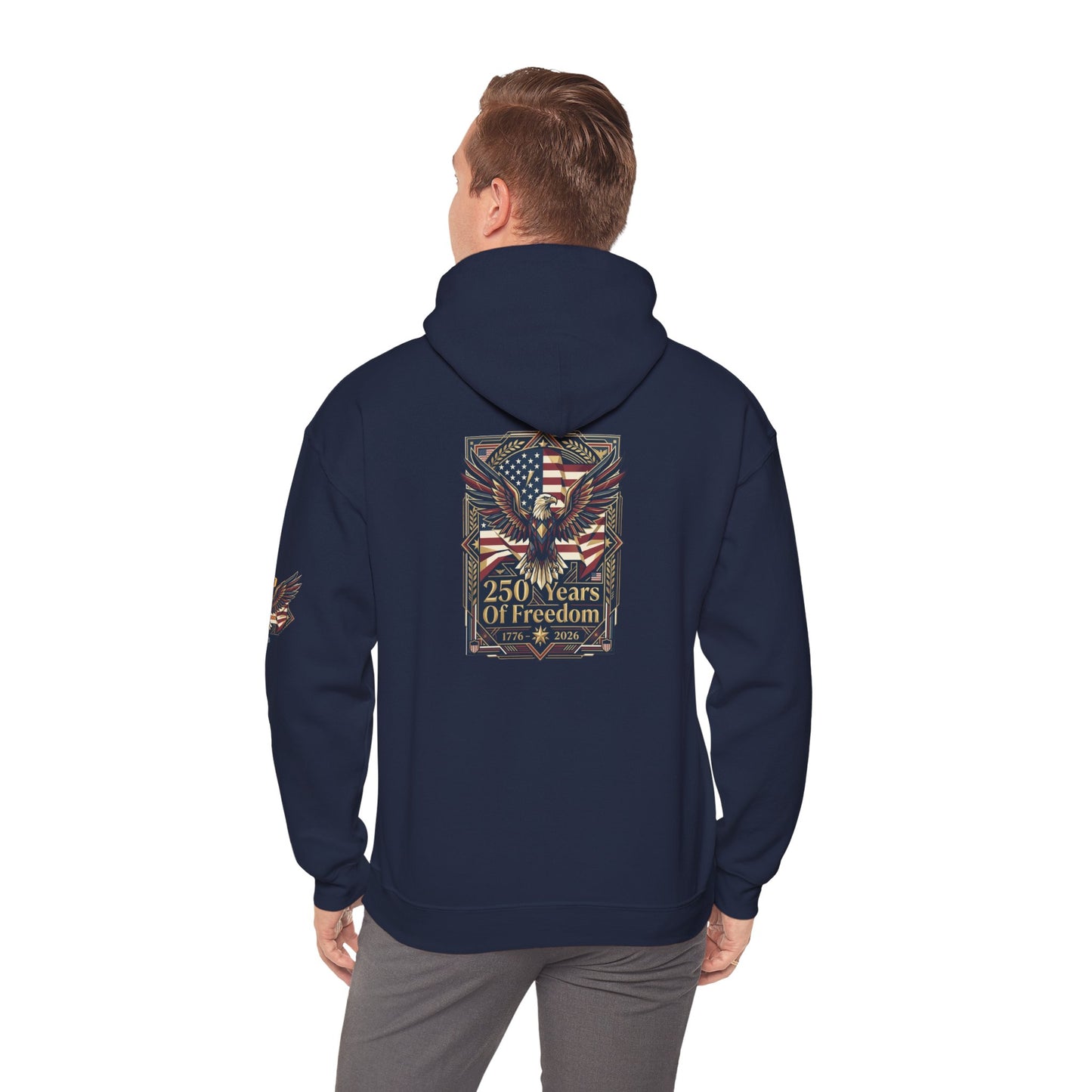 America 250 Years of Freedom Hoodie — USA 250th ANNIVERSARY Patriotic Hoodie, Person wearing a black hoodie with a design on the back featuring an eagle and text, on a white background.