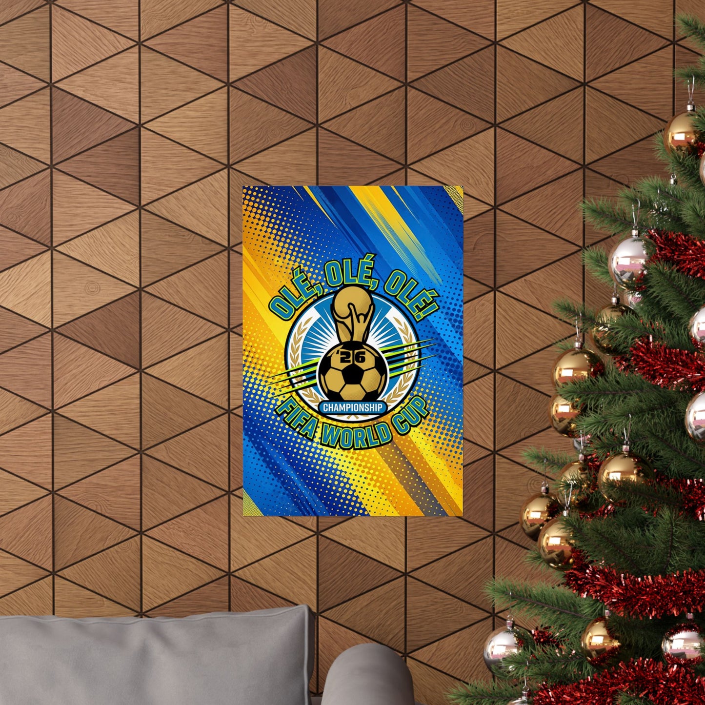 Decorative poster with a soccer theme on a wall next to a Christmas tree.