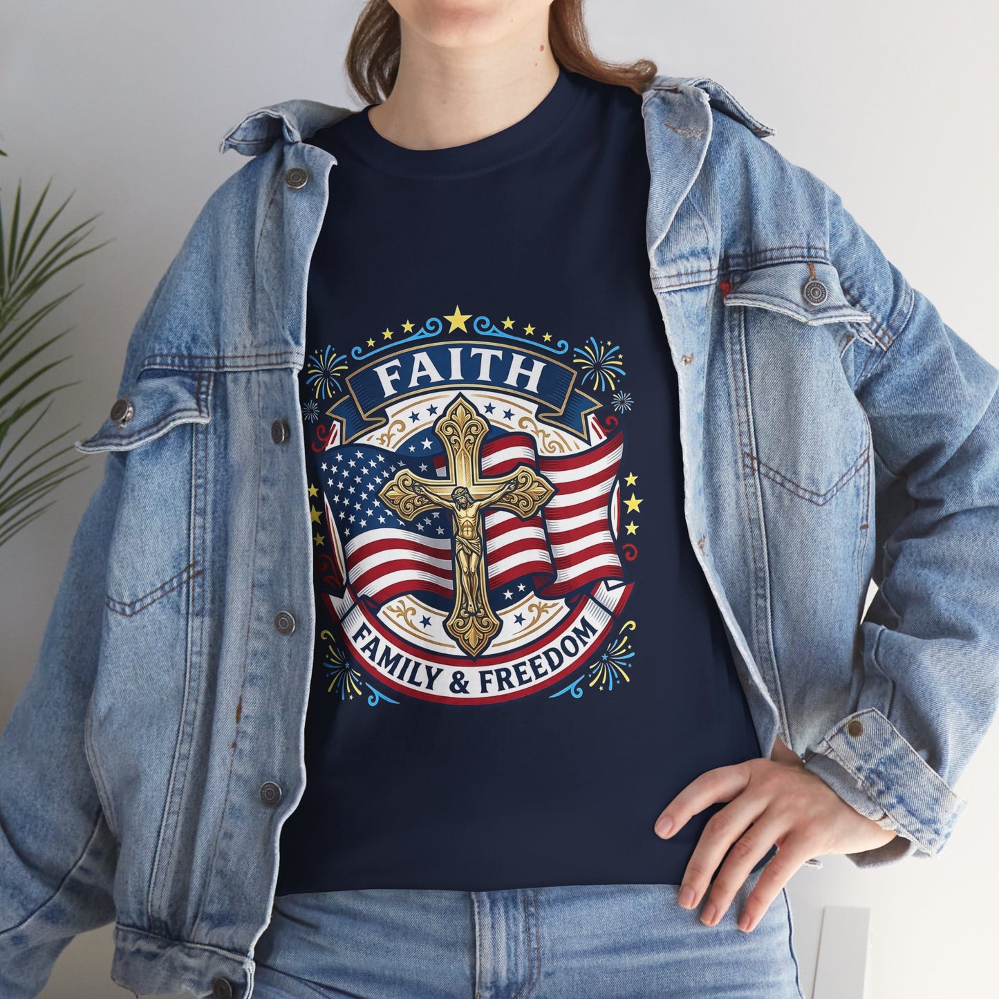 Catholic Faith Family & Freedom T-Shirt — American Flag Cross Patriotic T-shirt (USA 250th)