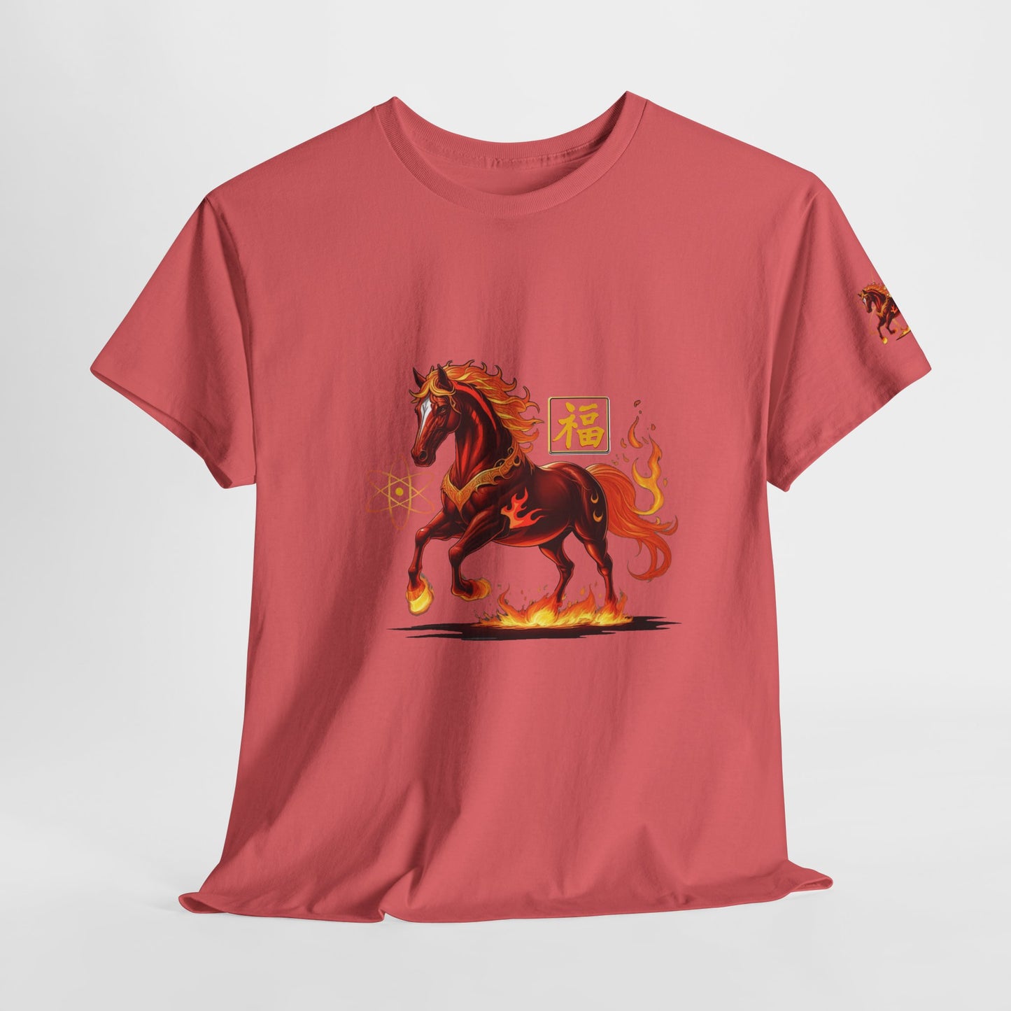 Lunar New Year Fiery Horse Novelty T-Shirt, Red t-shirt with a horse graphic on a white background