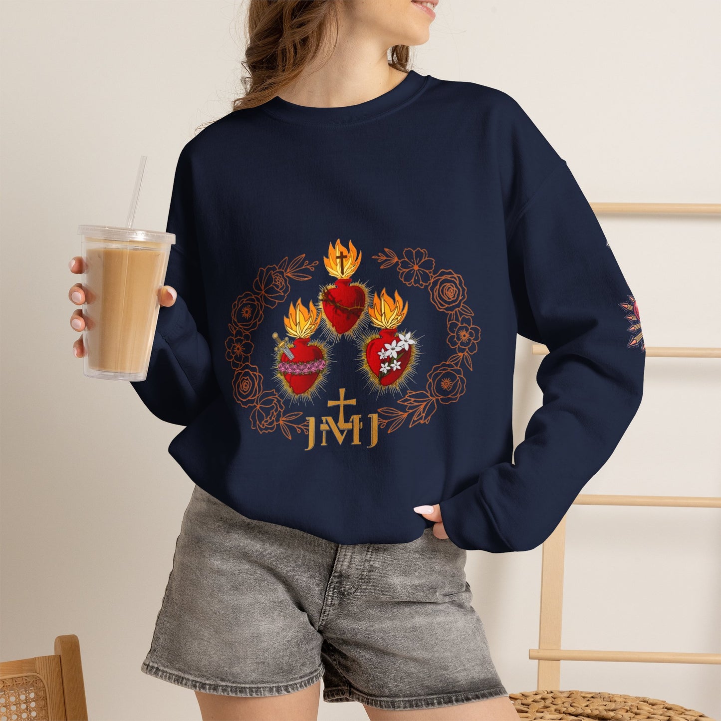 Sacred Hearts Crewneck Sweatshirt — Three Flaming Hearts with JMJ Cross (CT)
