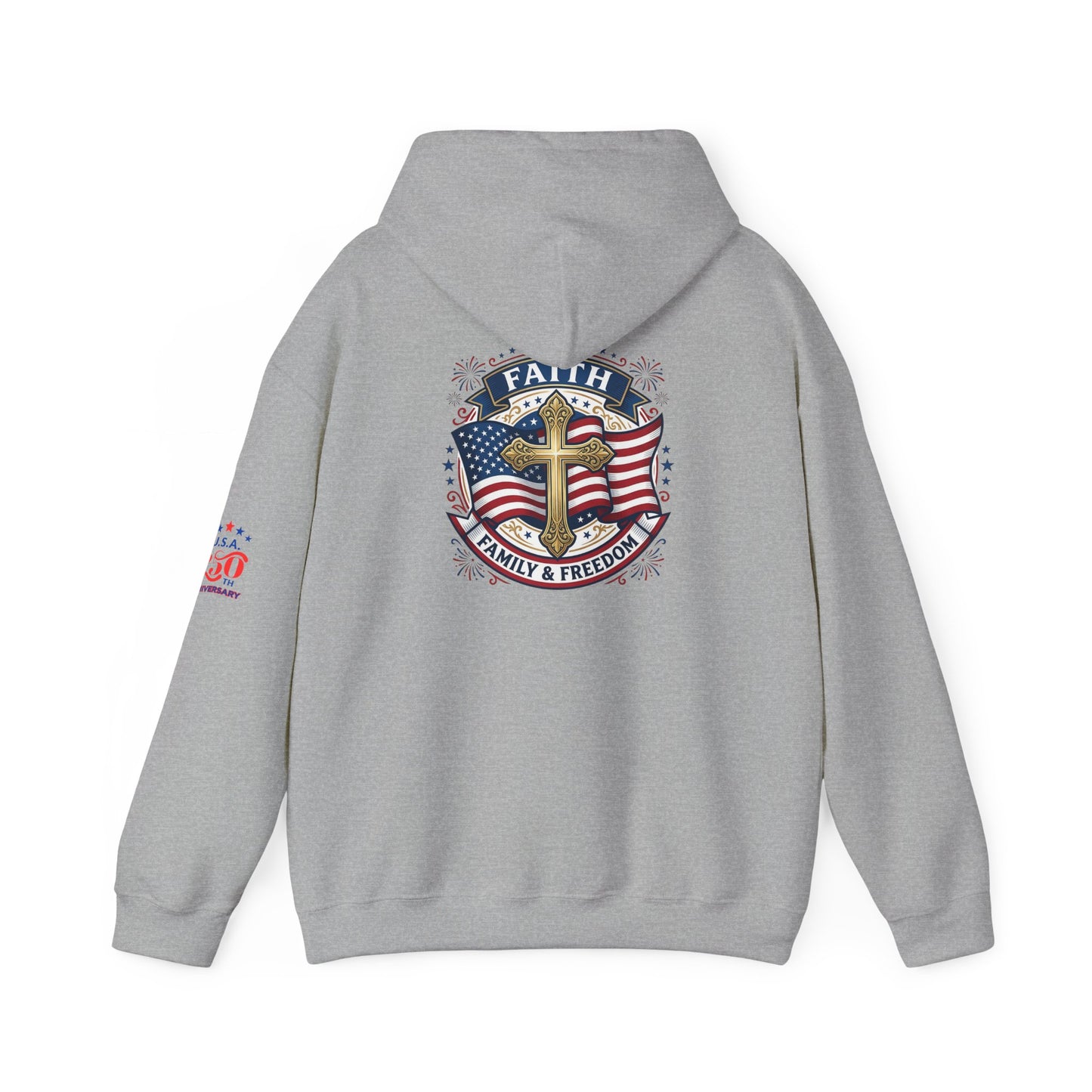 Faith, Family & Freedom Hoodie — Patriotic Cross American Flag Sweatshirt (USA 250th)