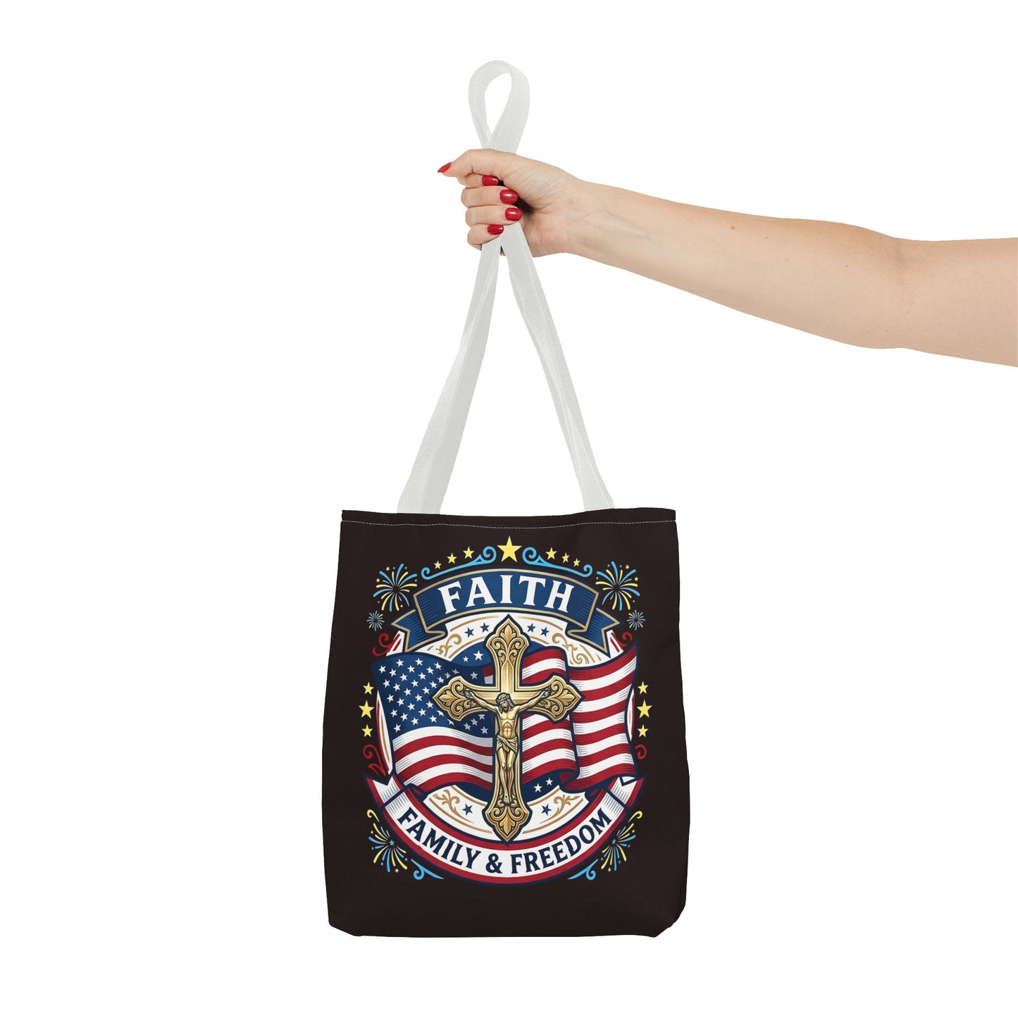 Faith, Family & Freedom Cross Bag — Patriotic American Flag Canvas Tote (USA 250th)