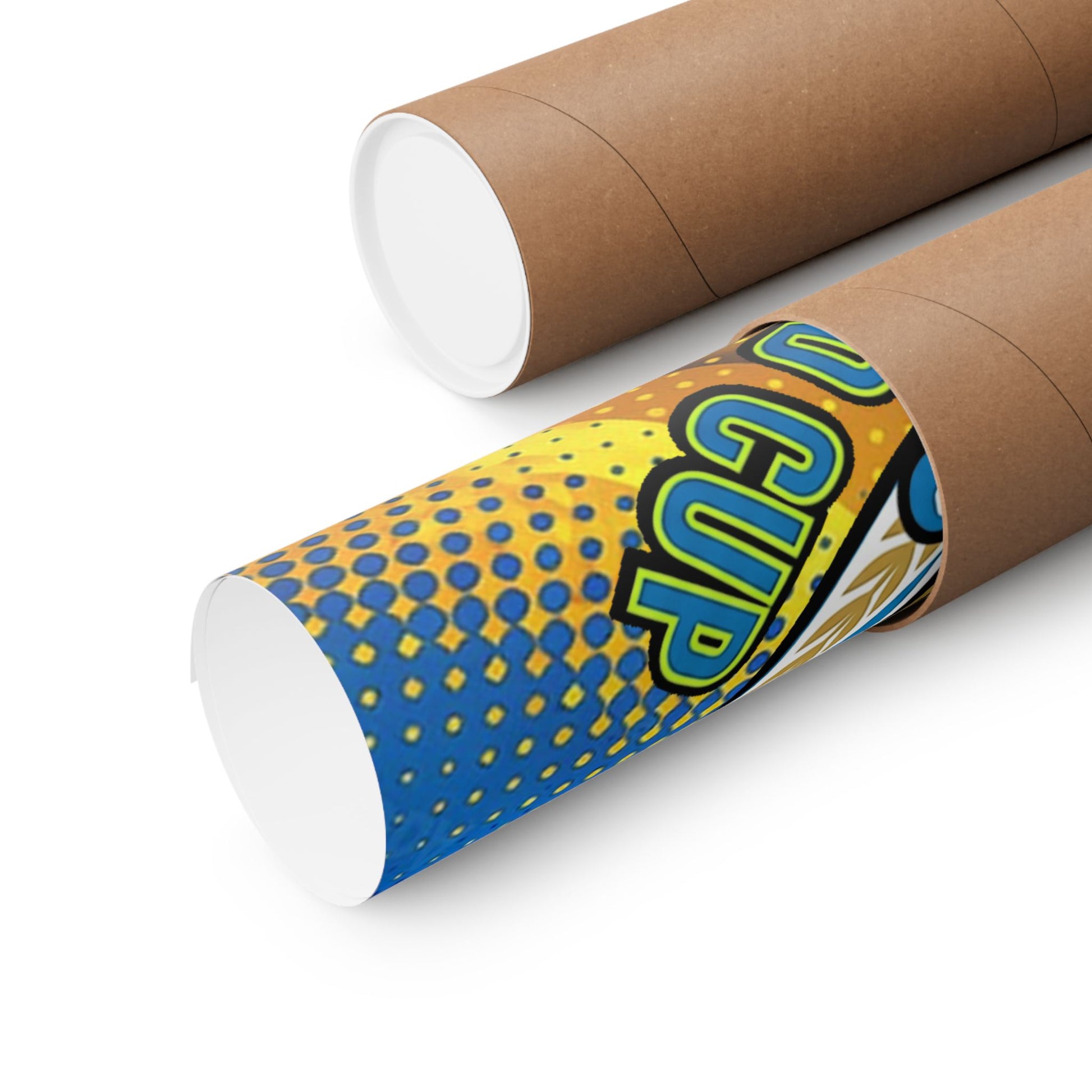 Cardboard tube with colorful 'UCUP' branding on a white background
