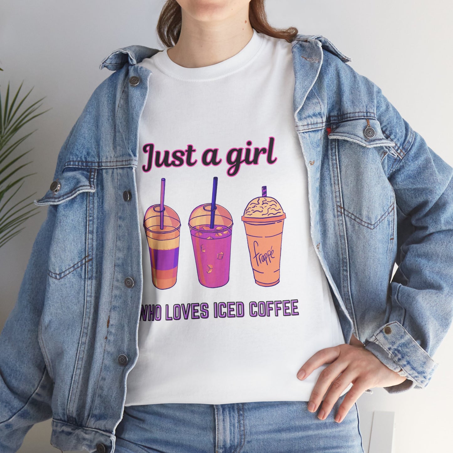 Coffee Lovers' Cotton Tee - Just a Girl Who Loves Iced Coffee, women coffee lovers' favorite Tee, Person wearing a white t-shirt with iced coffee graphic and text, paired with a denim jacket.