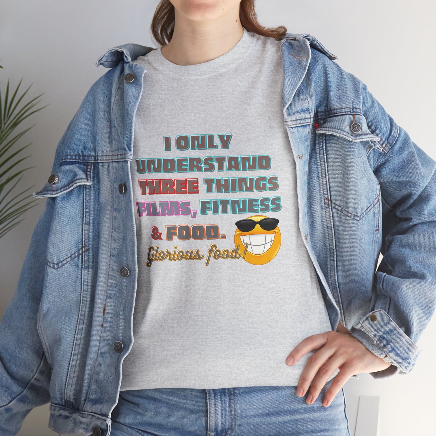 Funny Fitness Quotes Cotton T-shirt, Person wearing a gray t-shirt with a colorful graphic and text, paired with a denim jacket.