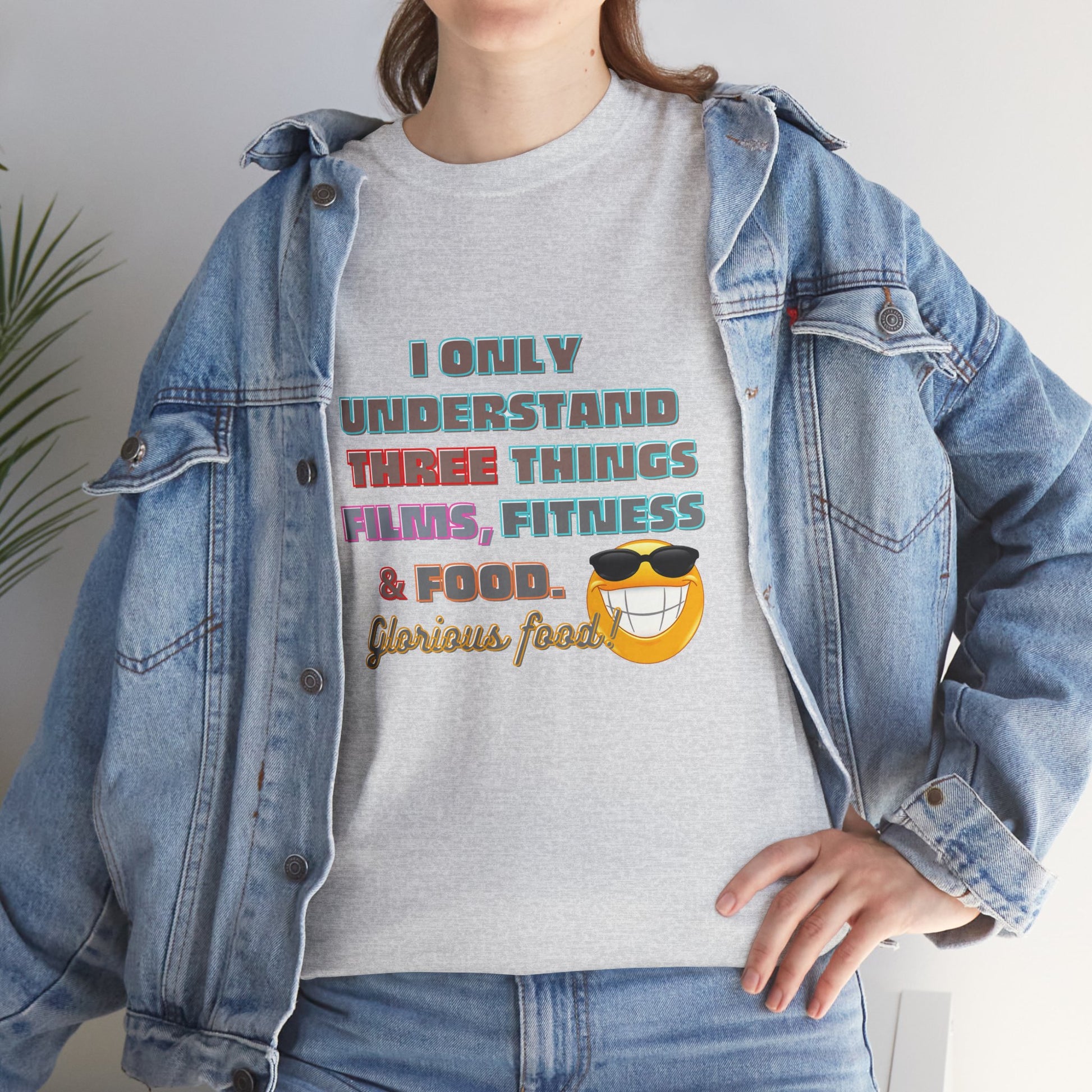 Funny Fitness Quotes Cotton T-shirt, Person wearing a gray t-shirt with a colorful graphic and text, paired with a denim jacket.