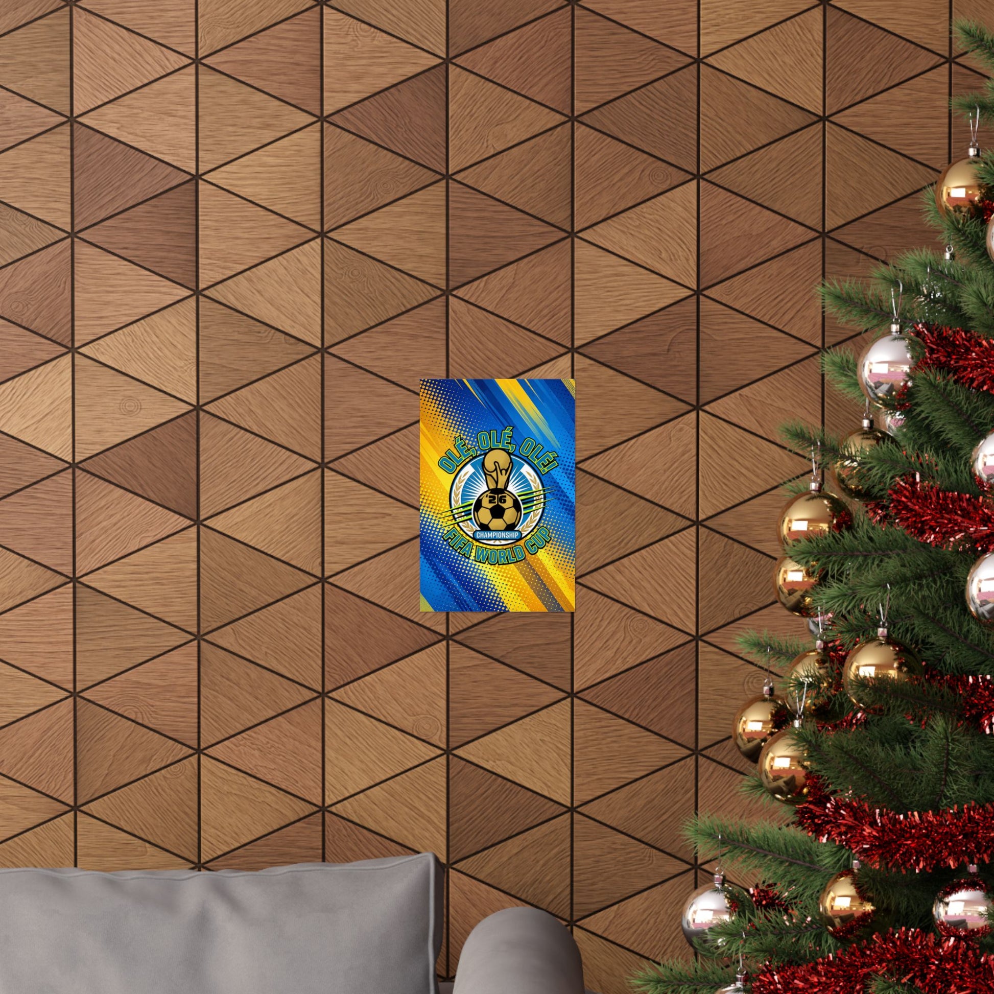 Decorative wall art on a geometric-patterned wall with a Christmas tree to the right.