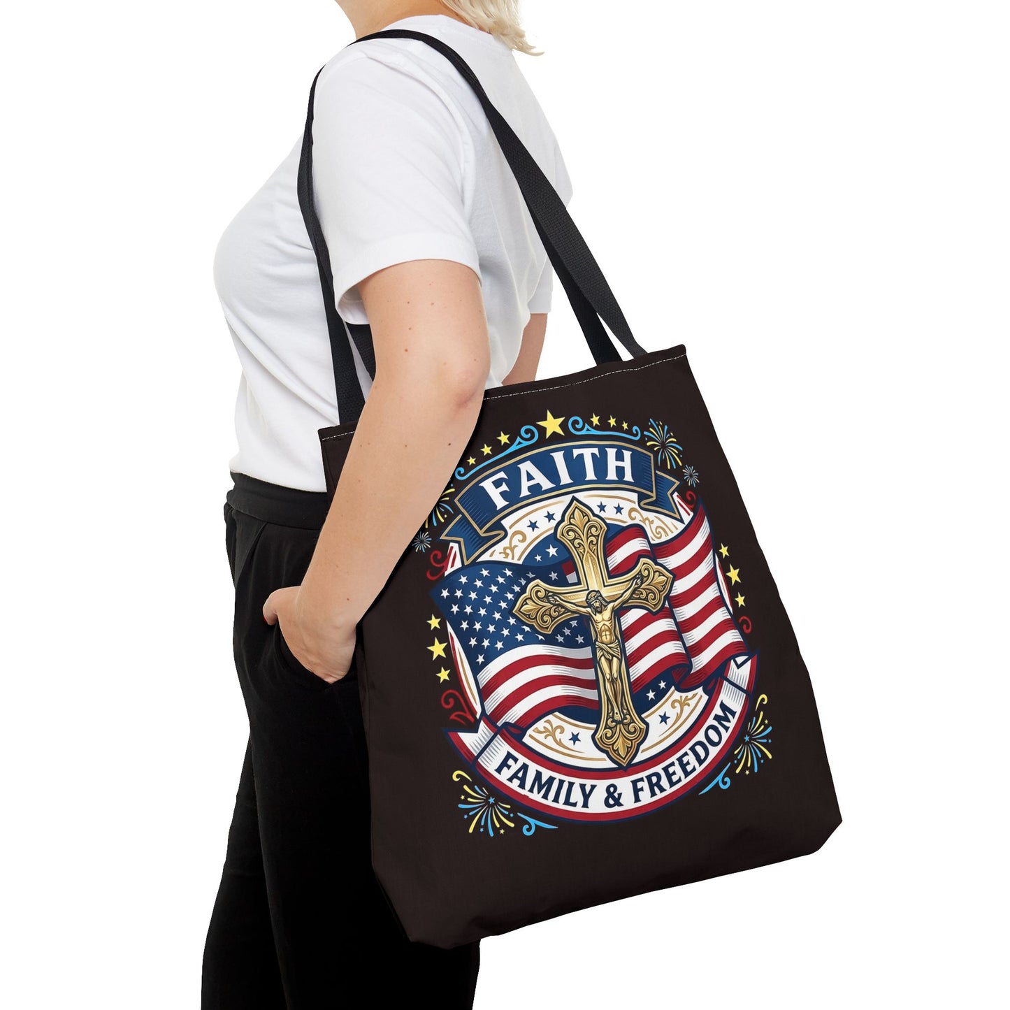 Faith, Family & Freedom Cross Bag — Patriotic American Flag Canvas Tote (USA 250th)