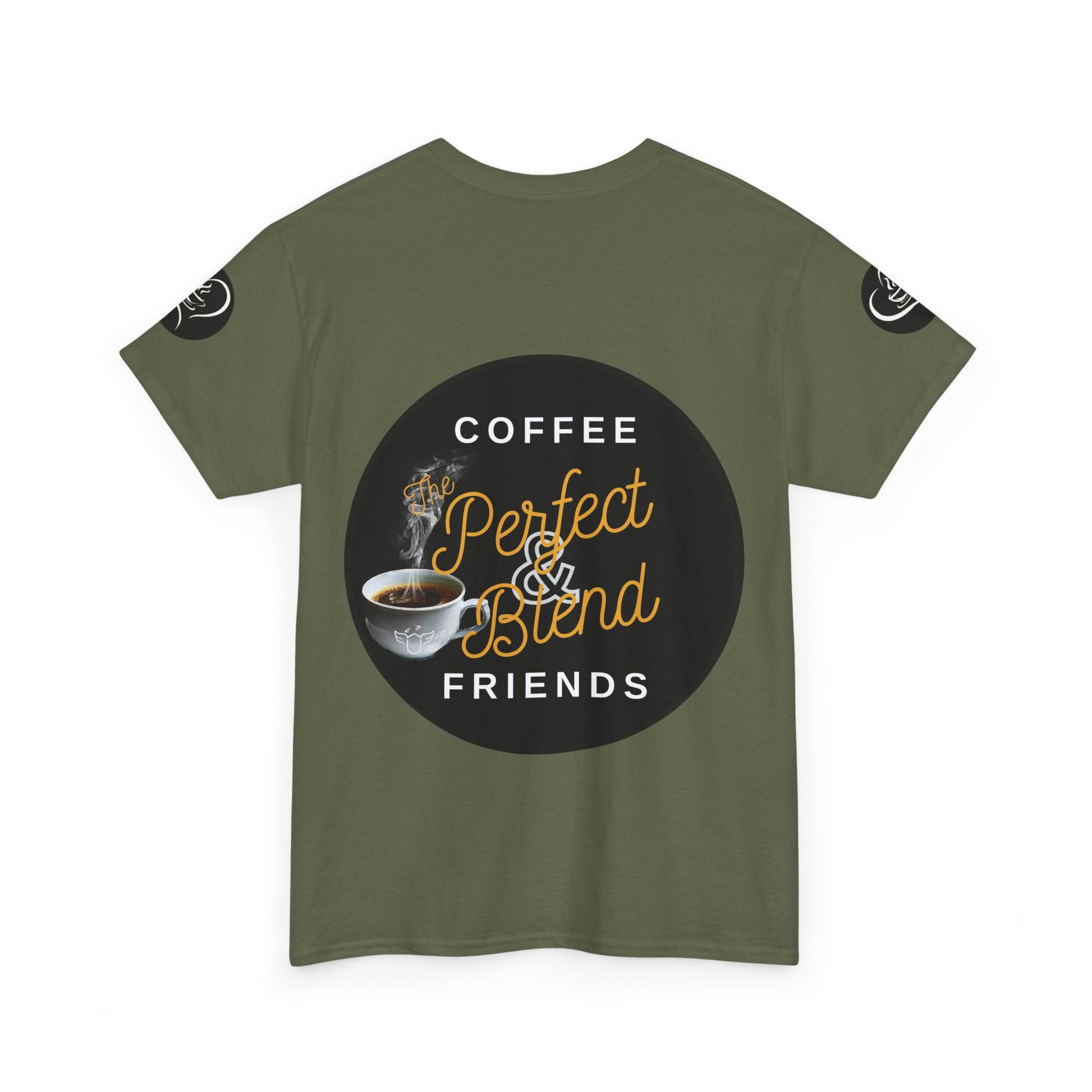 Green t-shirt with coffee-themed design on a white background