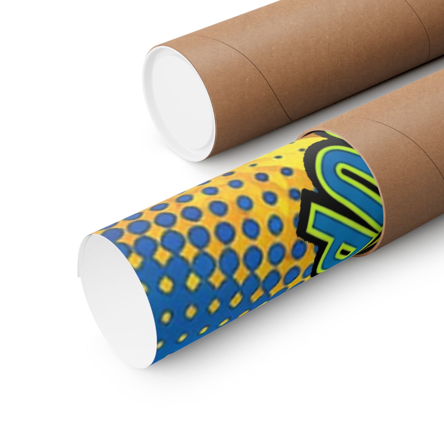 Two cardboard tubes, one plain and one with a colorful pattern, on a white background.