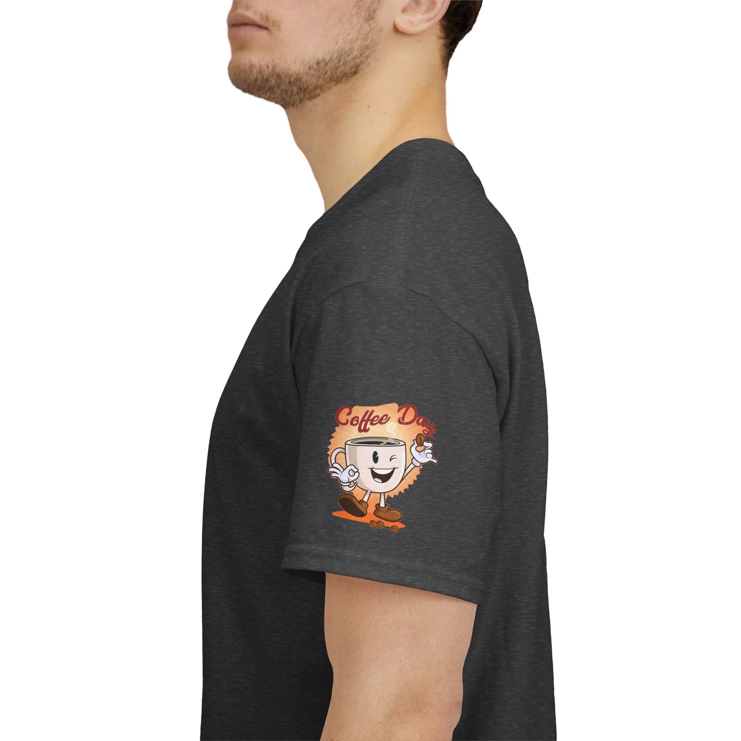 COFFEE LOVERS' T-SHIRT, Person wearing a dark gray t-shirt with a coffee-themed graphic on the sleeve.