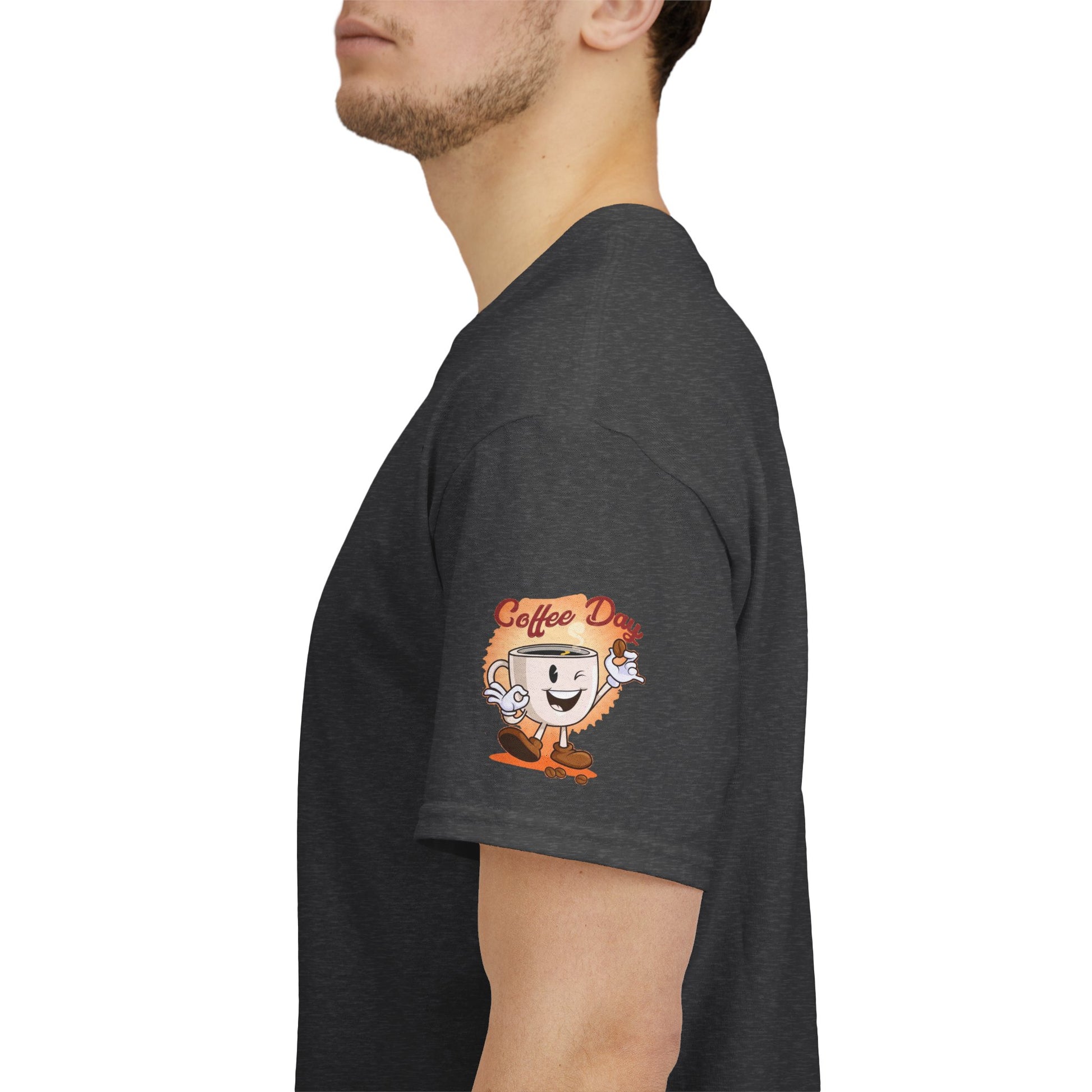 COFFEE LOVERS' T-SHIRT, Person wearing a dark gray t-shirt with a coffee-themed graphic on the sleeve.