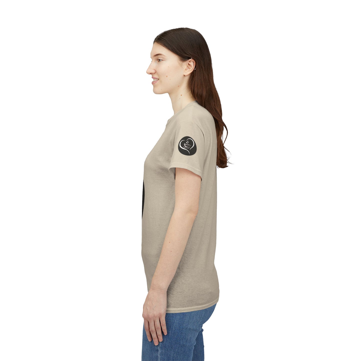 Coffee Lovers Ladies Tee - COFFEE and FRIENDS the Perfect Blend, Woman wearing a beige t-shirt with a logo on the sleeve against a white background