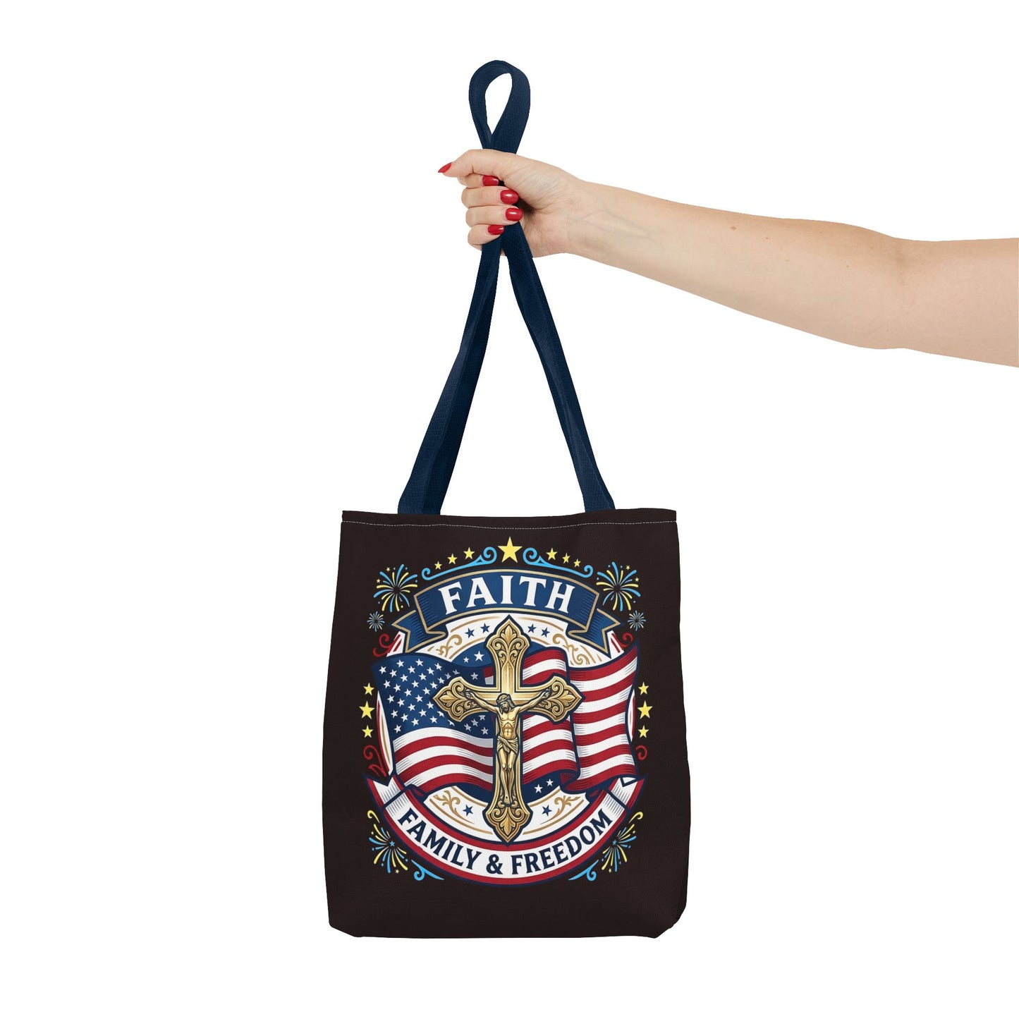 Faith, Family & Freedom Cross Bag — Patriotic American Flag Canvas Tote (USA 250th)