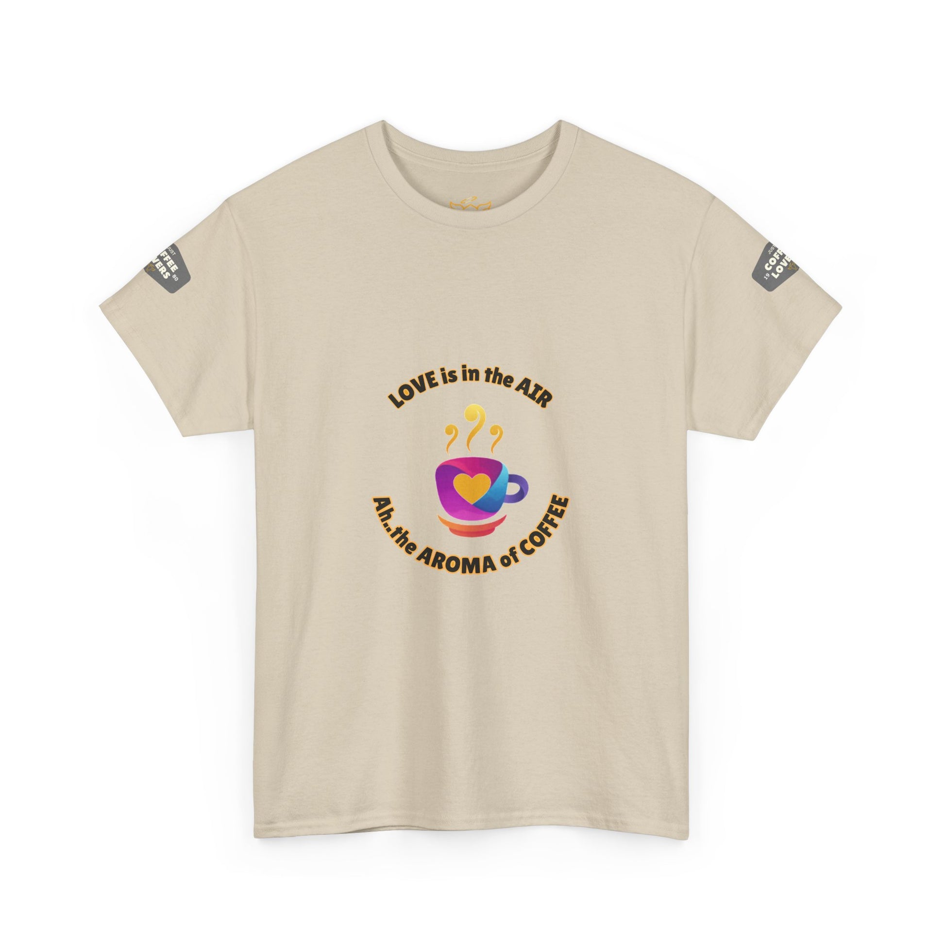 Coffee Lovers Tee with Quote - 'Love is in the Air Ah.. the Aroma of Coffee',  Beige t-shirt with a coffee-themed graphic and text on a white background
