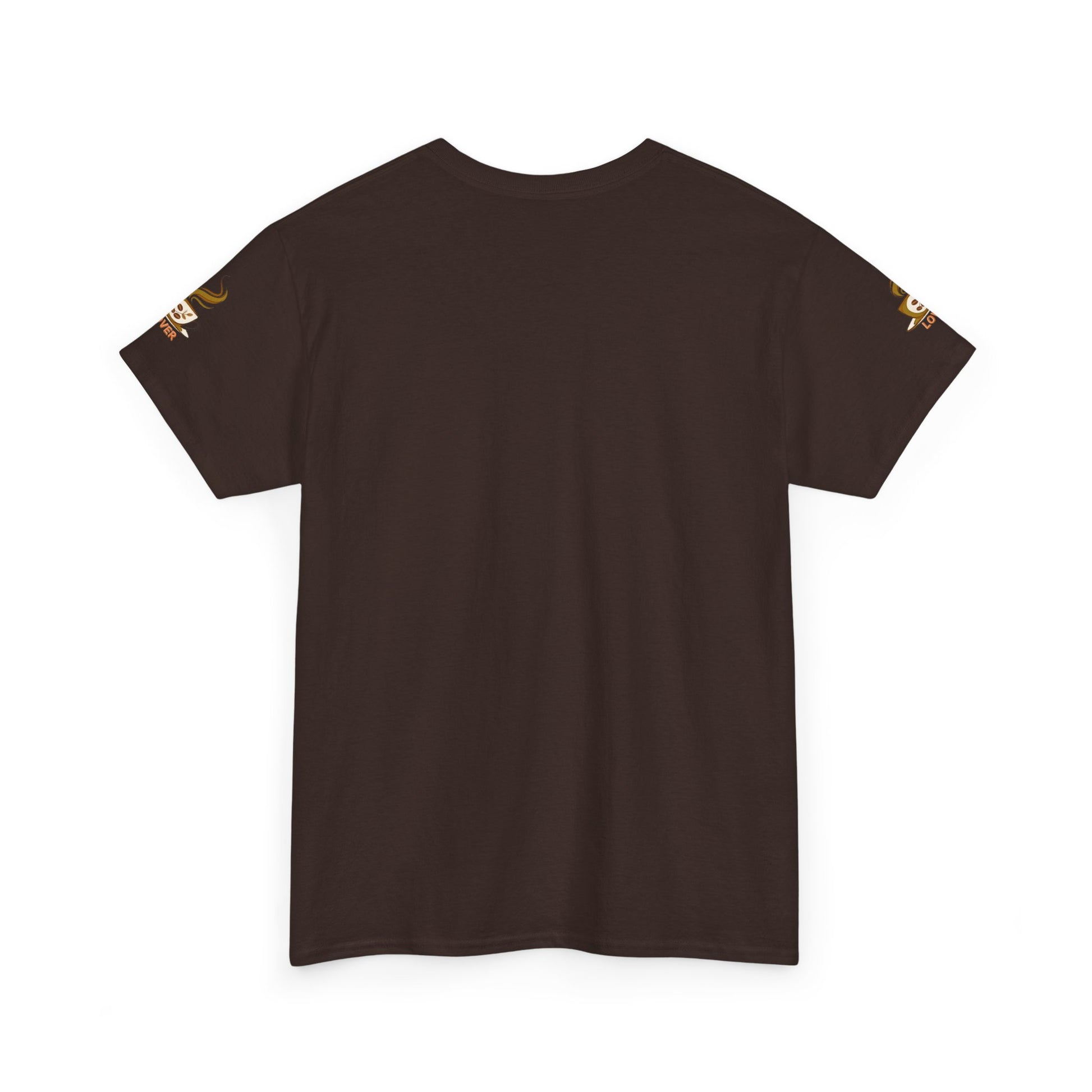 Brown t-shirt with gold accents on a white background