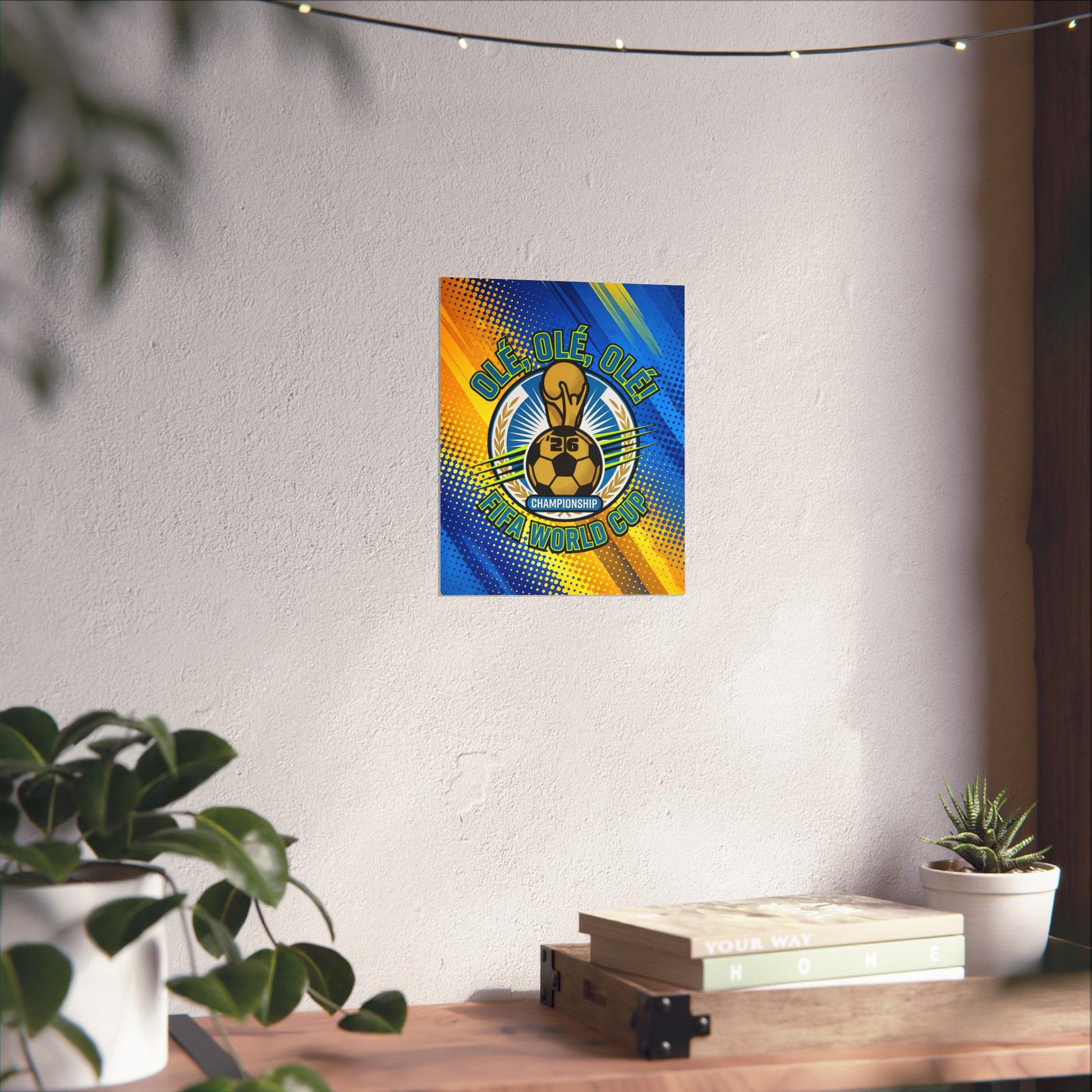 Colorful poster on a white wall with plants and books on a table below.