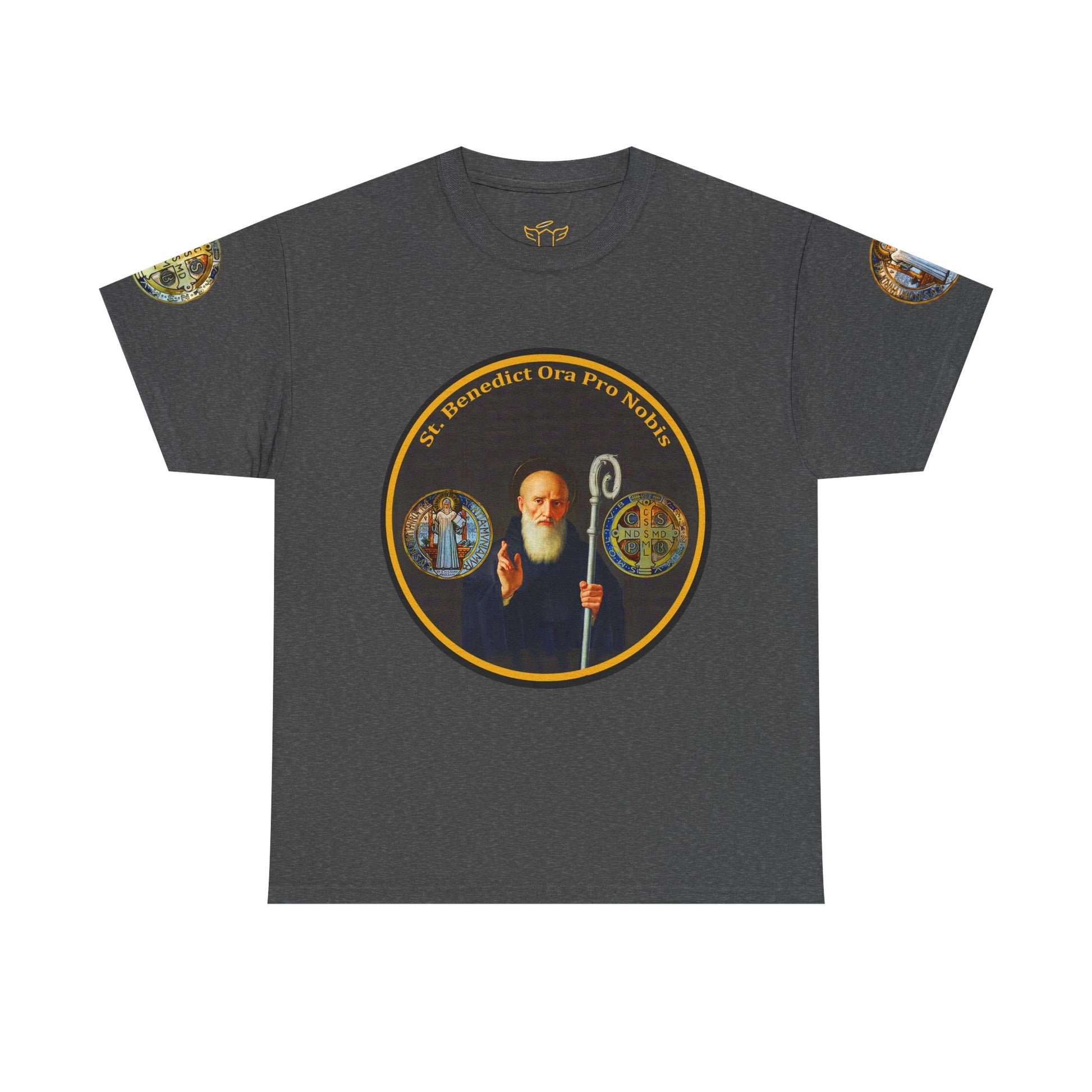 Saint Benedict Medal Unisex T-shirt, Gray t-shirt with a religious-themed graphic on a white background