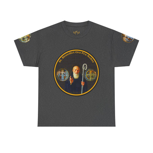 Saint Benedict Medal Unisex T-shirt, Gray t-shirt with a religious-themed graphic on a white background
