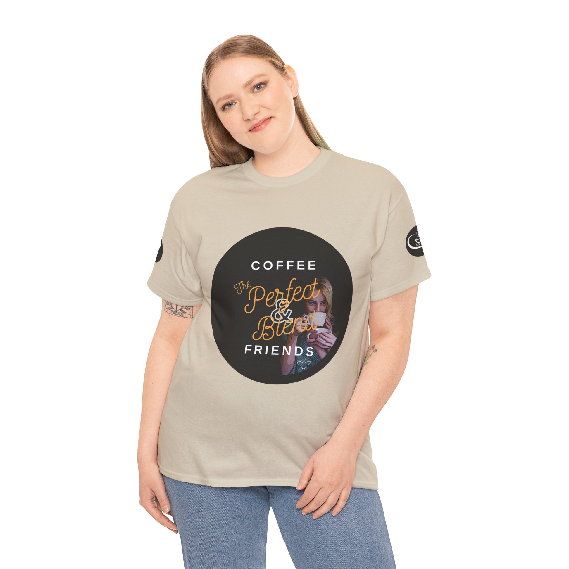 Coffee Lovers Ladies Tee - COFFEE and FRIENDS the Perfect Blend, Woman wearing a beige t-shirt with a graphic design and text on a white background