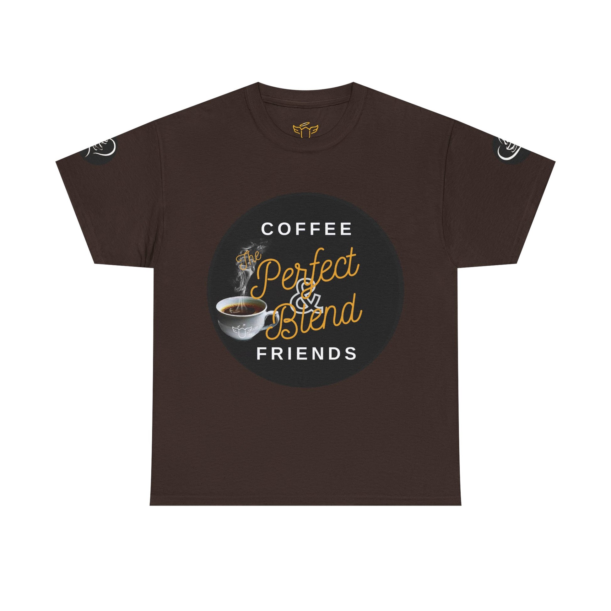 Coffee Lovers Cotton T-shirt, Brown t-shirt with coffee-themed graphic and text on a white background