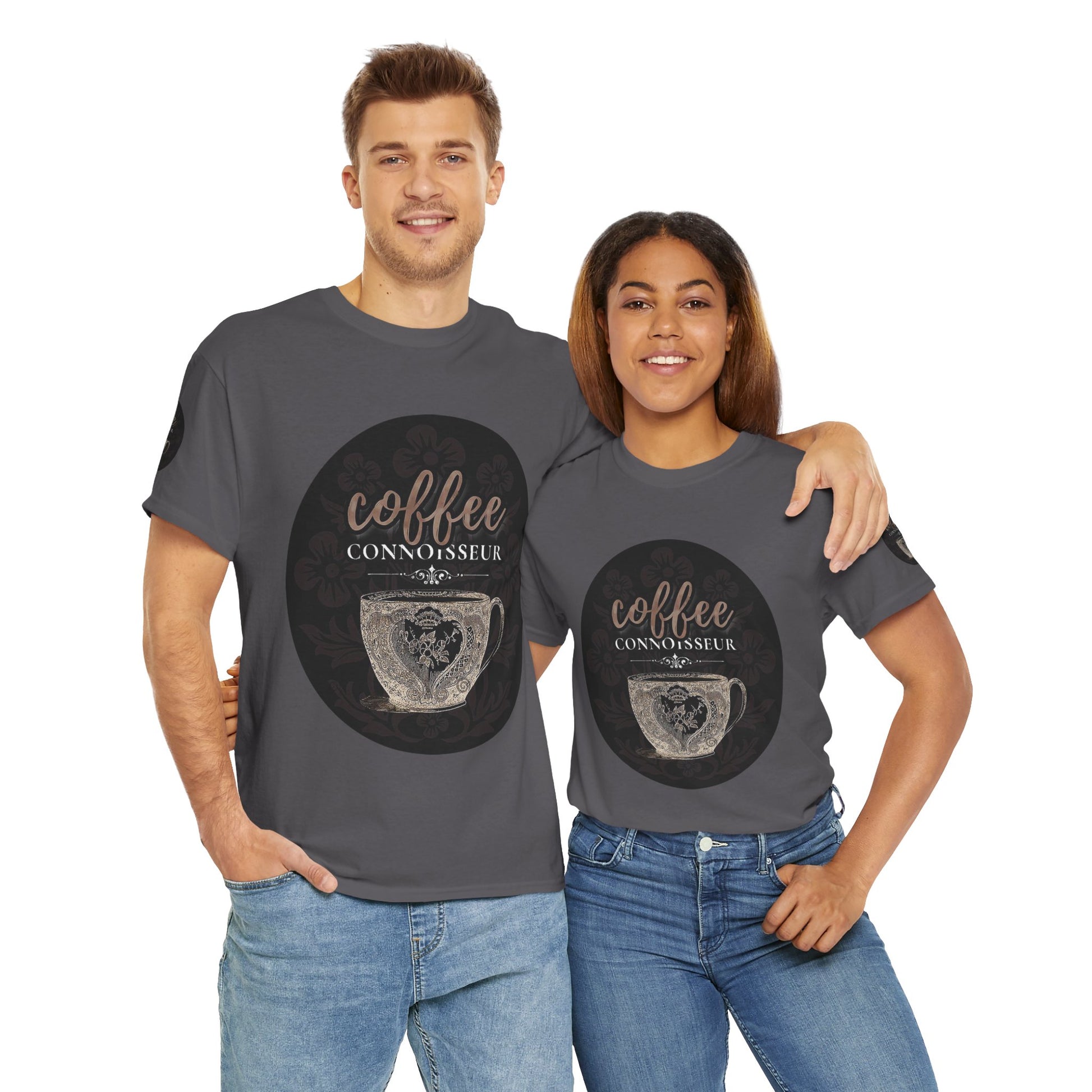 COFFEE LOVERS COTTON TEES For Connoisseurs, Two people wearing gray t-shirts with 'coffee connoisseur' design on a white background