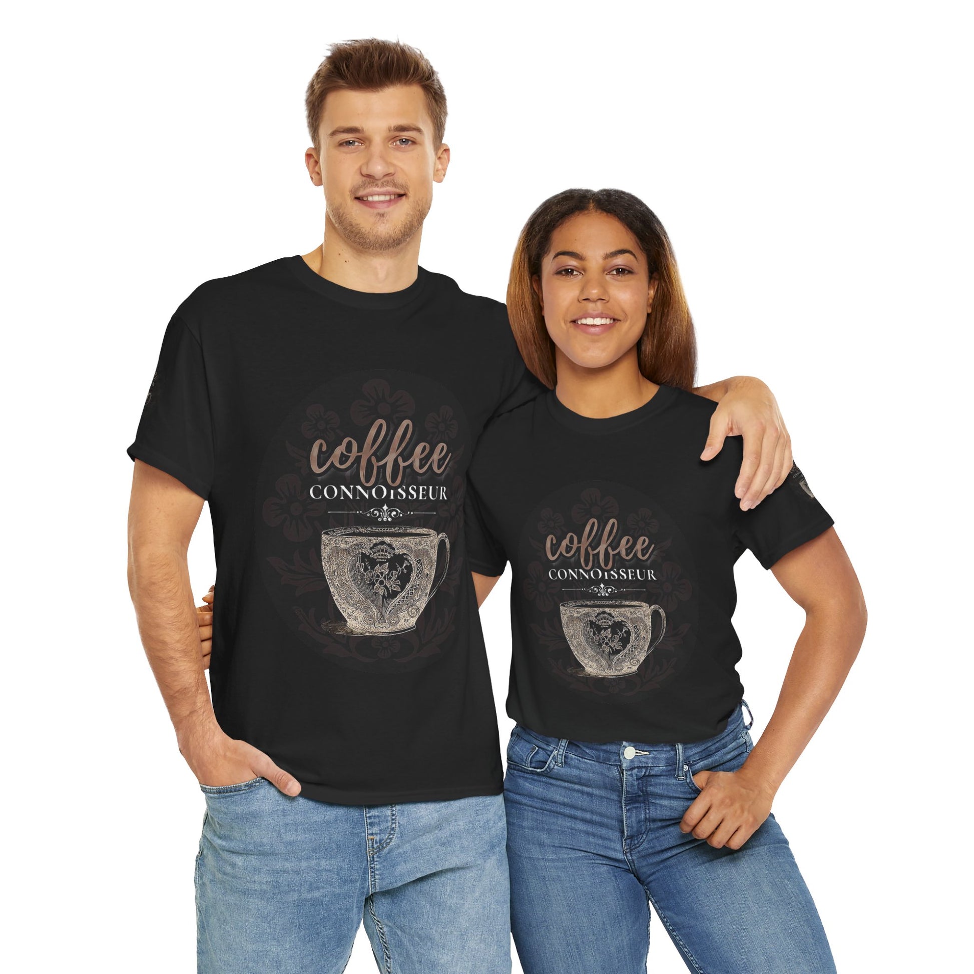 COFFEE LOVERS COTTON TEES For Connoisseurs, Two people wearing black t-shirts with 'coffee connoisseur' design on a white background