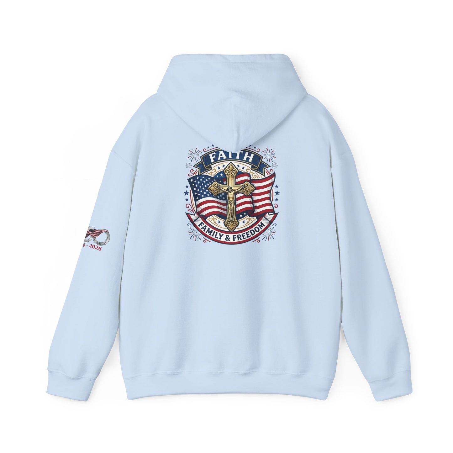 Catholic Faith, Family & Freedom Hoodie - Patriotic American Flag Cross Pullover (USA 250th)
