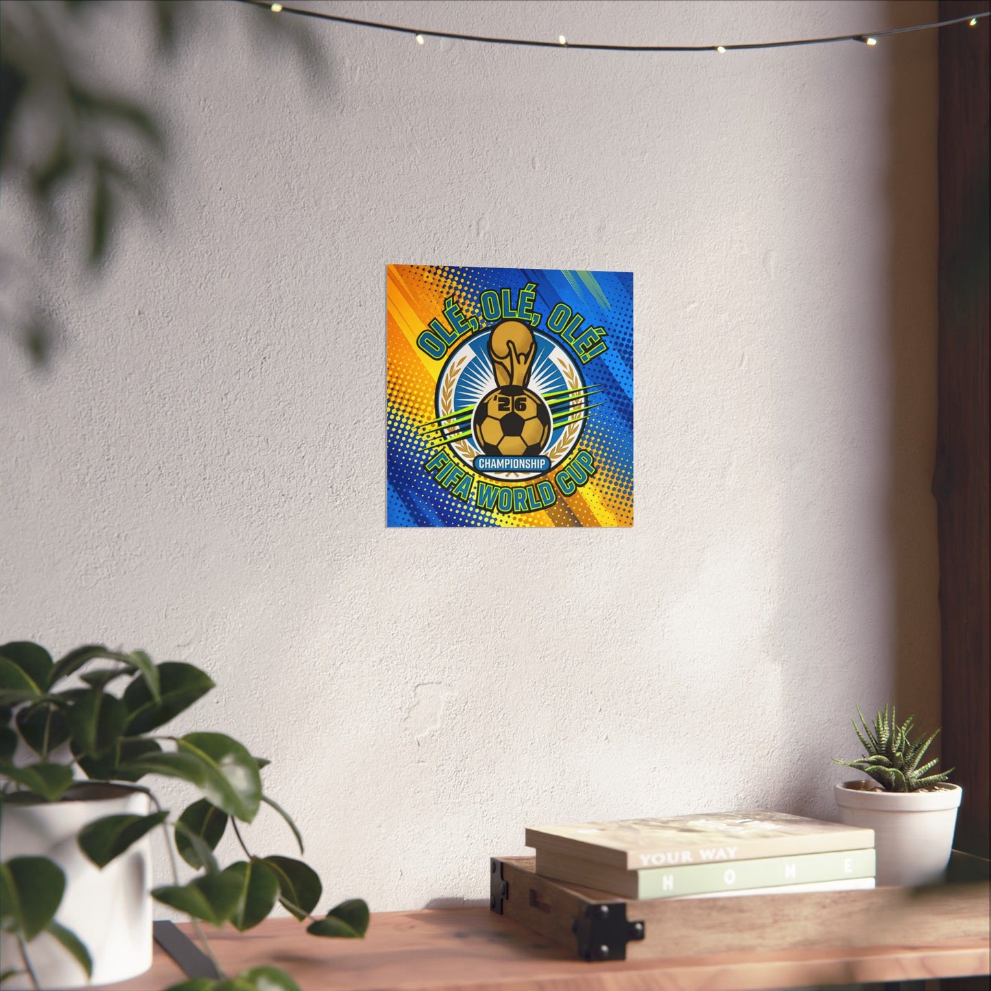 Decorative poster with a soccer ball design on a wall above a wooden shelf with plants and books.