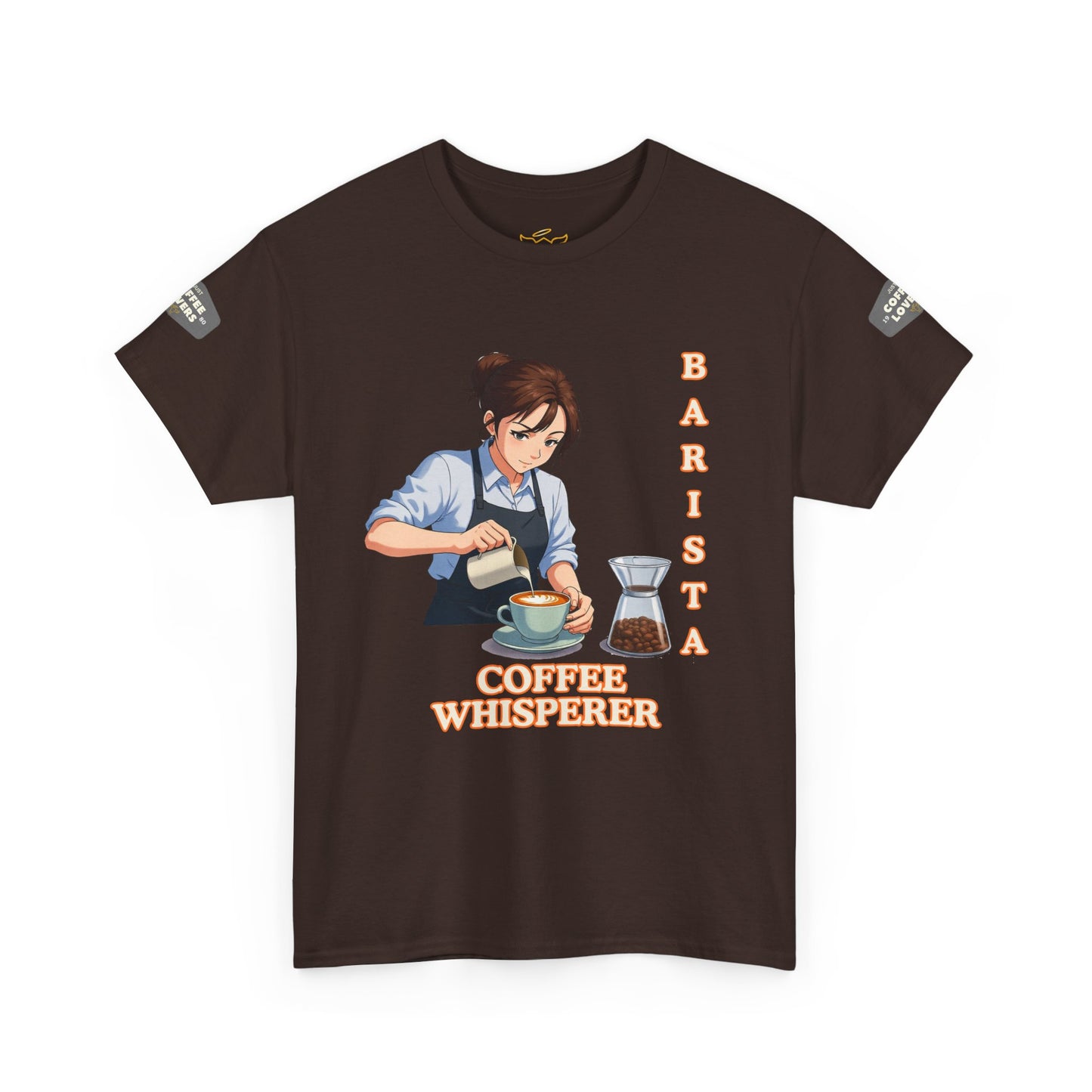 Coffee Lovers Cotton Tee for Female Barista, Brown t-shirt with a barista graphic and text on a white background