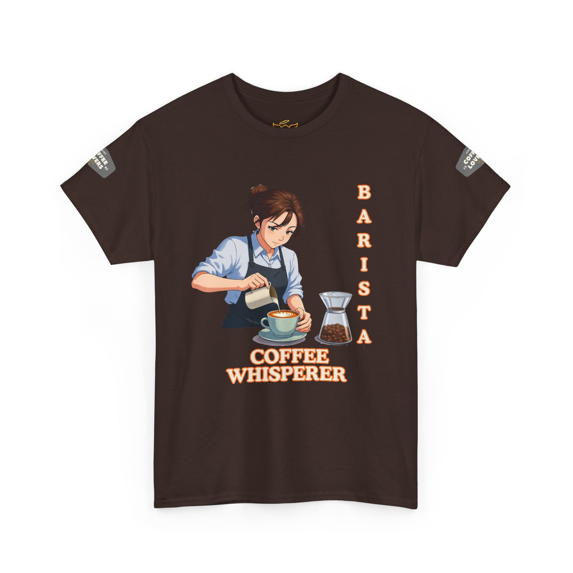 Coffee Lovers Cotton Tee for Female Barista, Brown t-shirt with a barista graphic and text on a white background