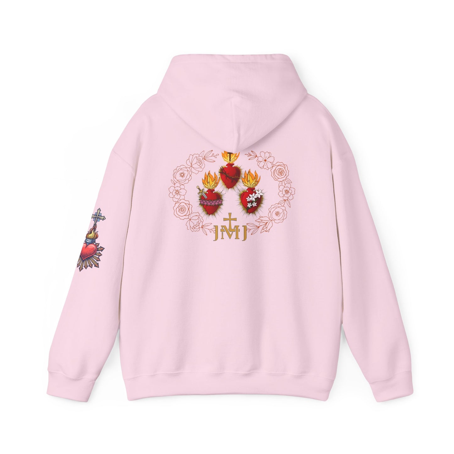 Sacred Hearts Hoodie — Three Flaming Hearts J.M.J. Devotional Sweatshirt (CT)