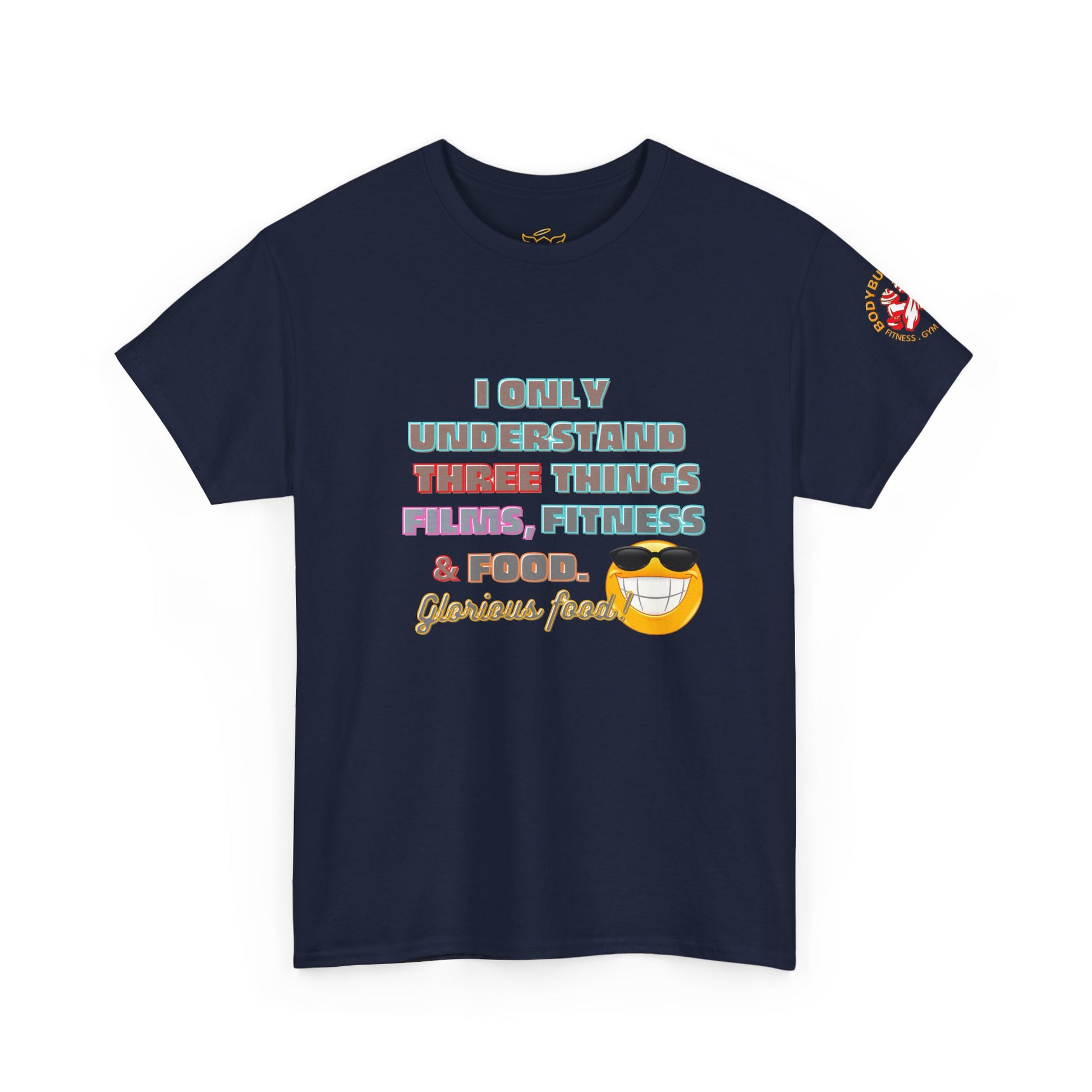 Funny Fitness Quotes Cotton T-shirt, Navy blue t-shirt with colorful text and graphics on a white background