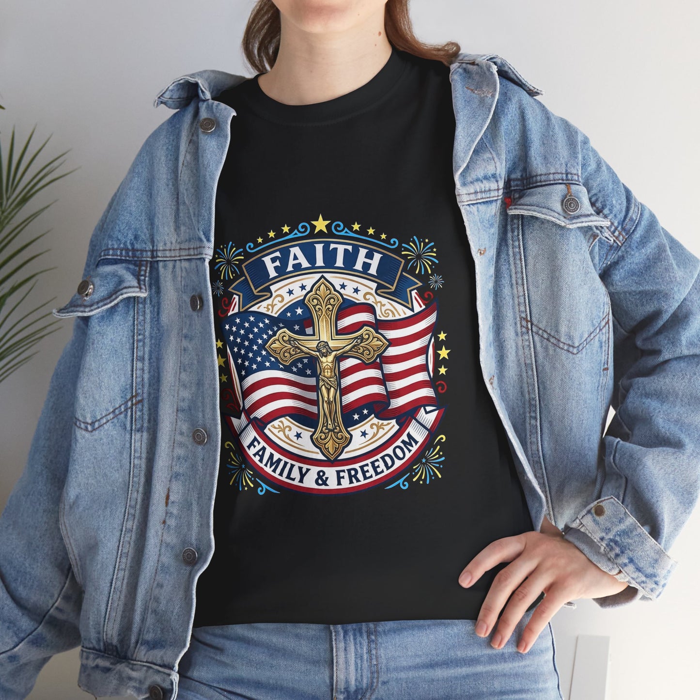 Catholic Faith Family & Freedom T-Shirt — American Flag Cross Patriotic T-shirt (USA 250th)