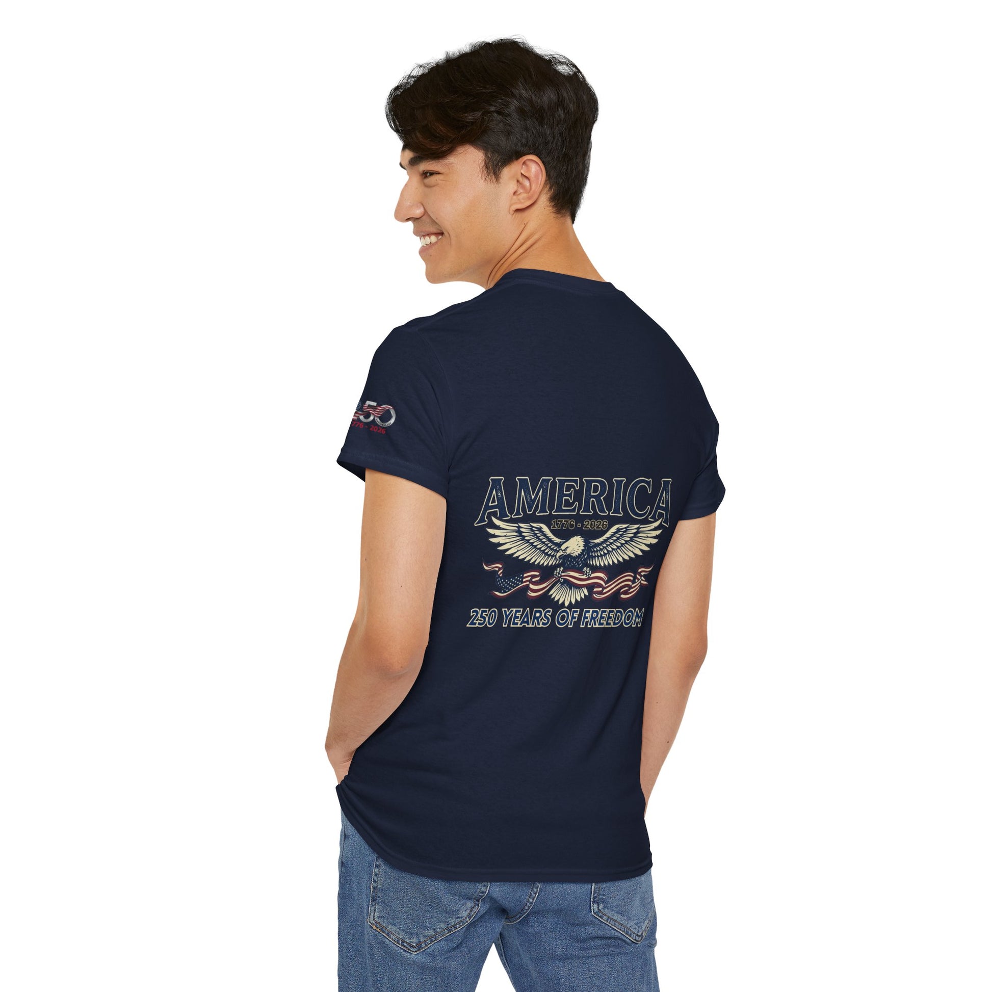 America 250 Years of Freedom T-Shirt — USA 250th ANNIVERSARY T-shirt, Person wearing a black t-shirt with 'America' design on the back, standing against a white background