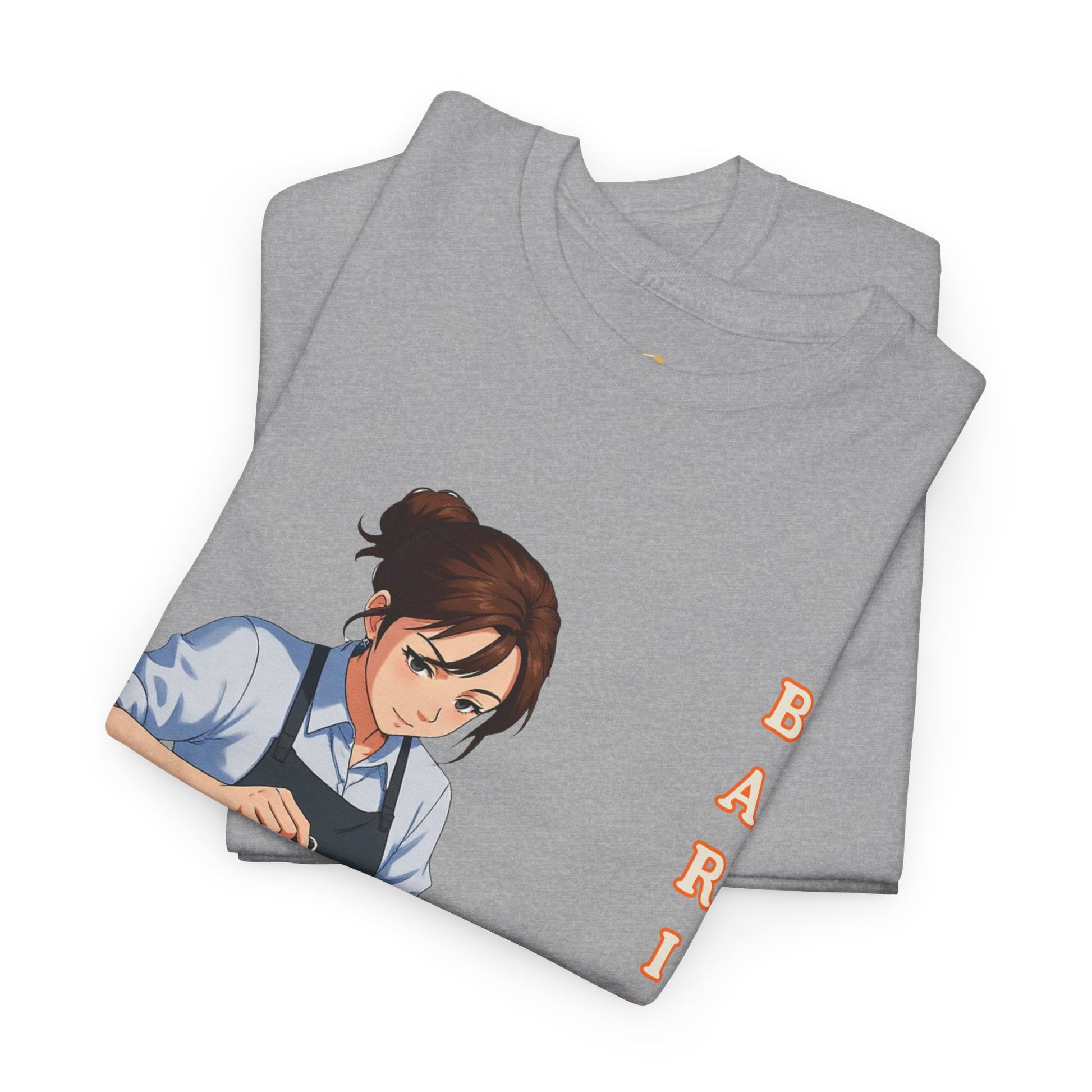 Coffee Lovers Cotton Tee for Female Barista, Folded gray t-shirt with cartoon character and 'BARI' text on a white background