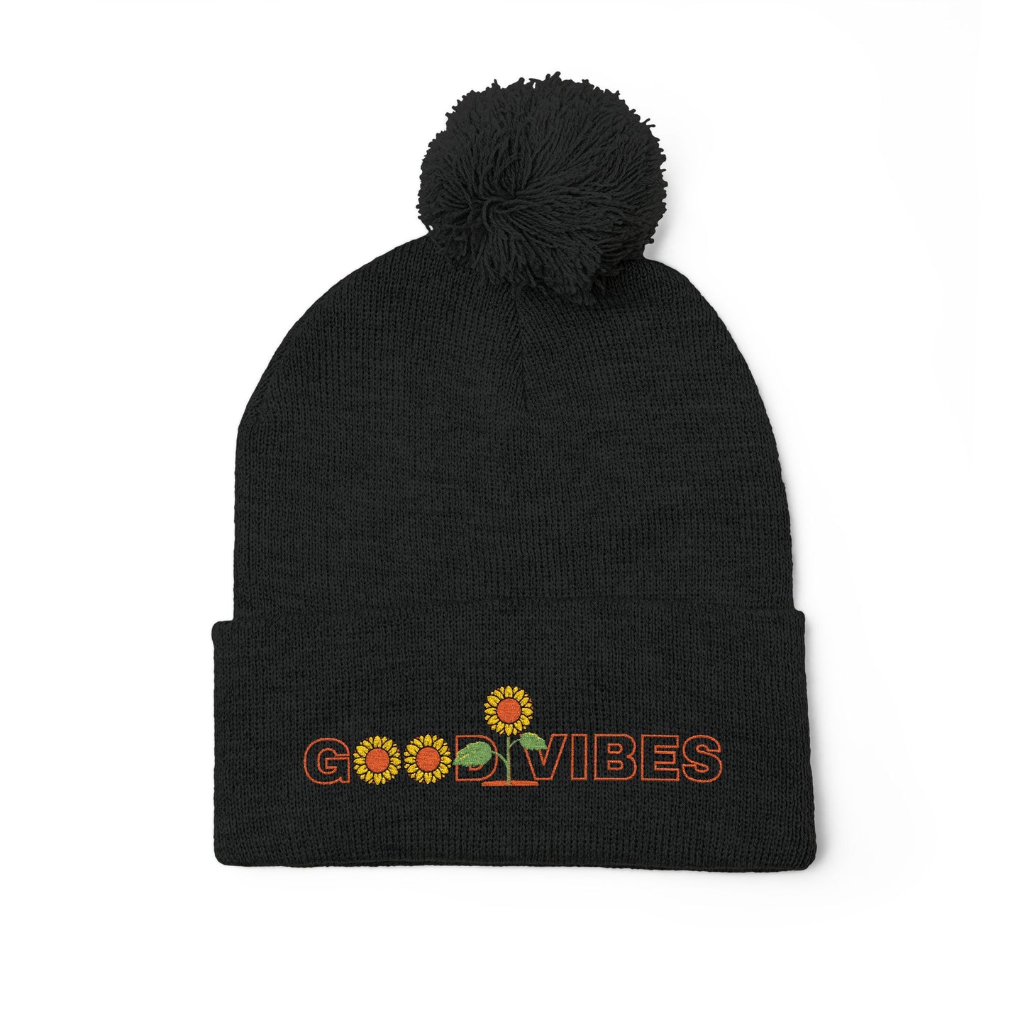 Summer Pom-Pom Beanie — "Good Vibes" Embroidered Sunflower Knit Hat - Trending Novelties & Gifts