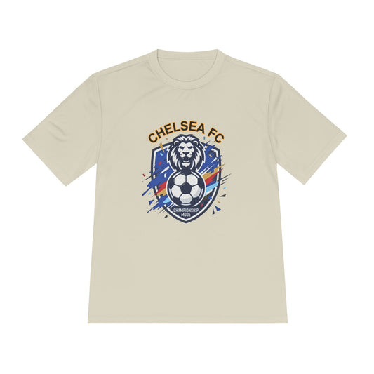 Beige t-shirt with Chelsea FC logo featuring a lion and soccer ball on a white background