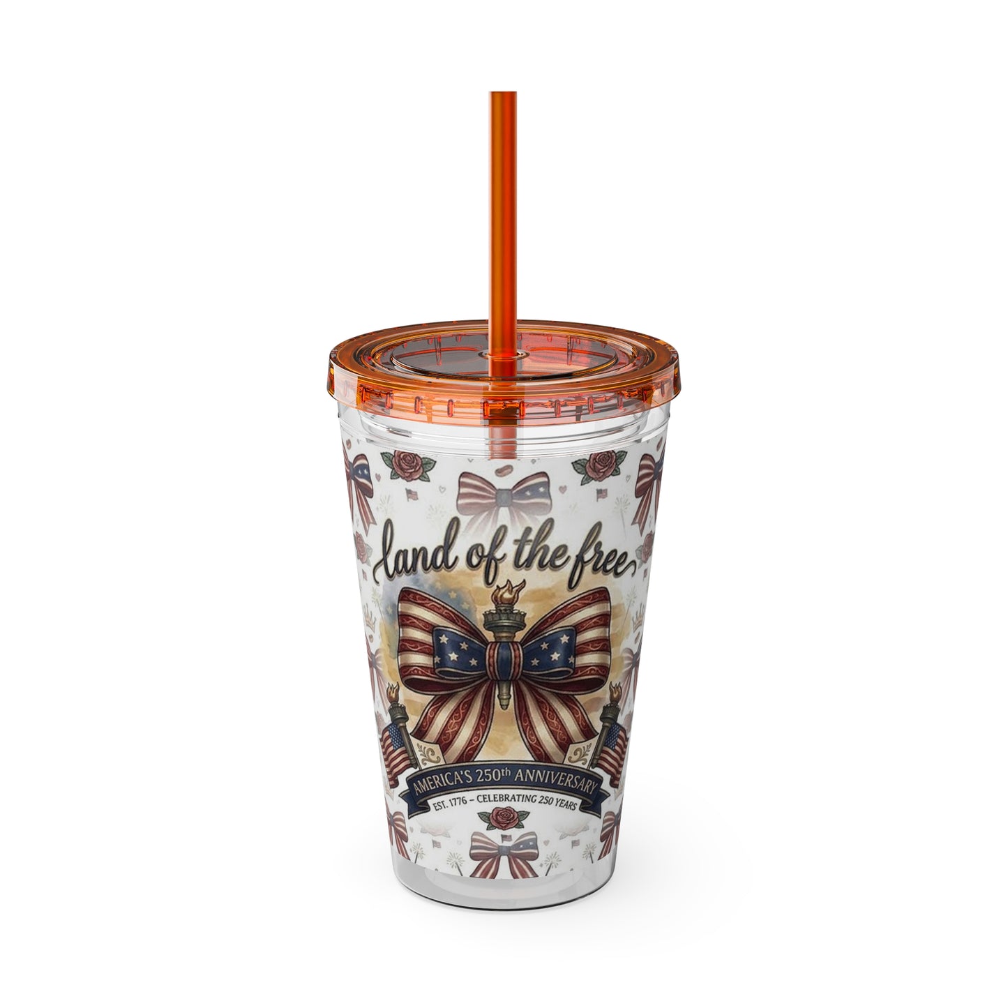 USA 250th ANNIVERSARY 16oz Tumbler with Straw | Patriotic 'Land of the Free' 16oz Tumbler with Straw - Trending Novelties & Gifts