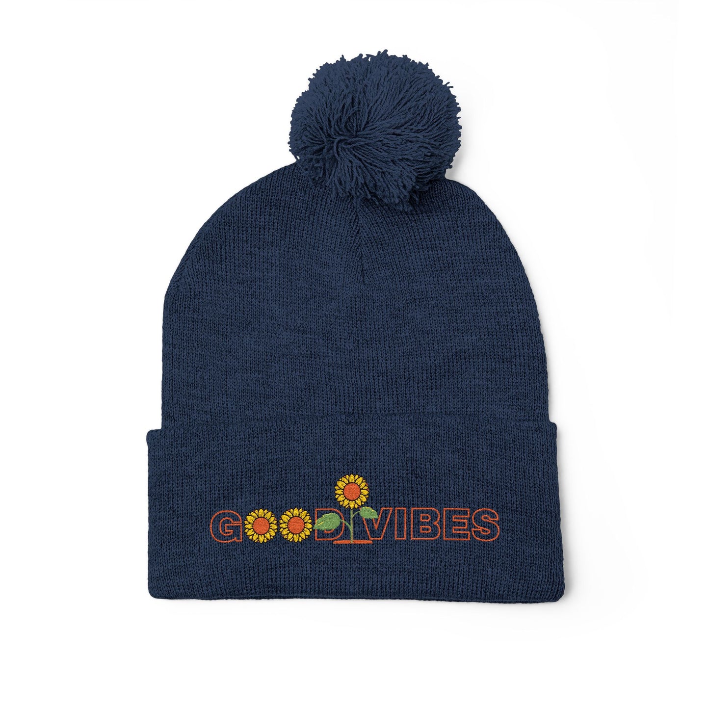 Summer Pom-Pom Beanie — "Good Vibes" Embroidered Sunflower Knit Hat - Trending Novelties & Gifts