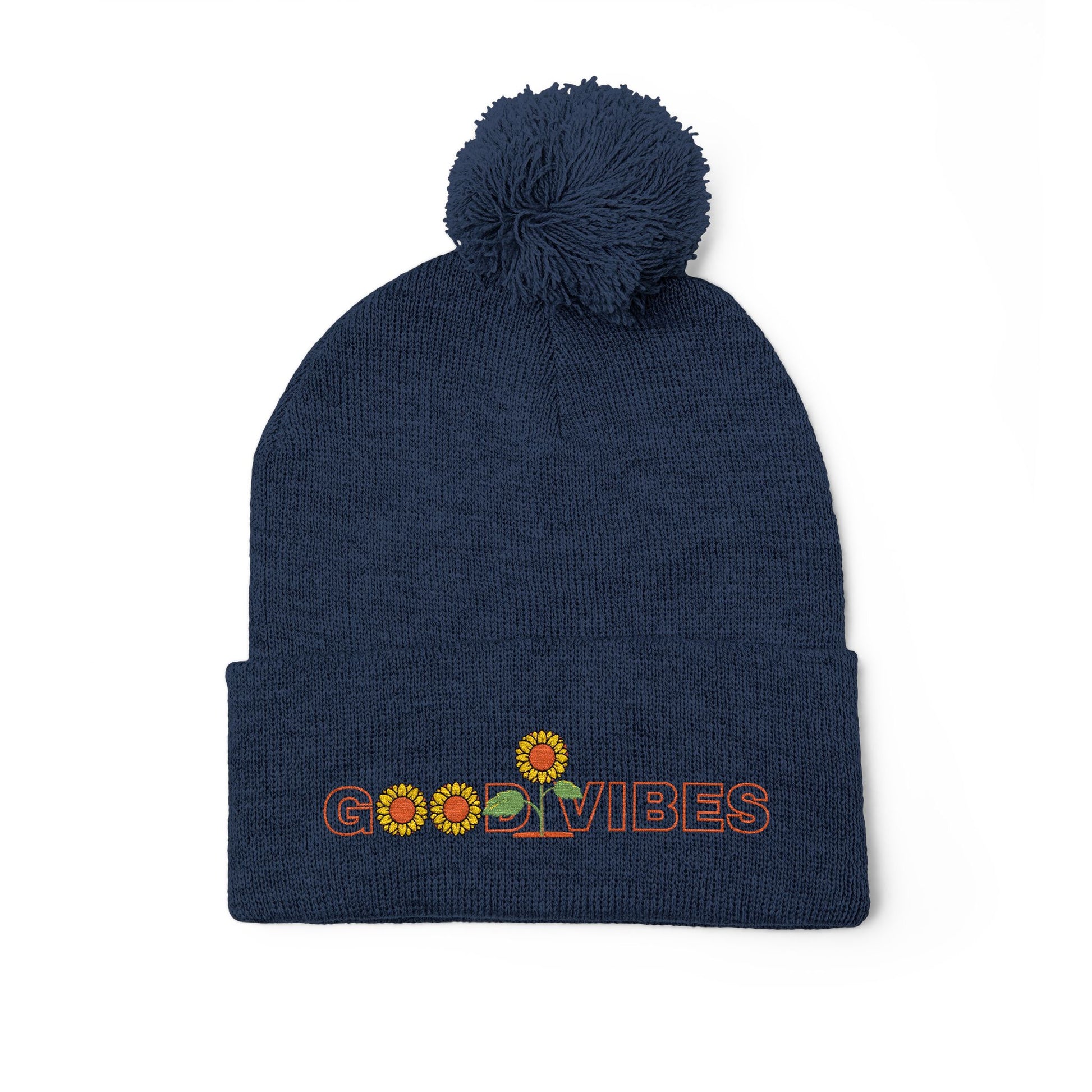 Summer Pom-Pom Beanie — "Good Vibes" Embroidered Sunflower Knit Hat - Trending Novelties & Gifts