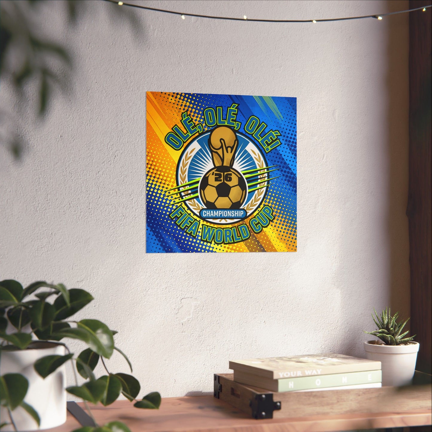 FIFA World Cup championship poster on a wall with plants and books on a table below.