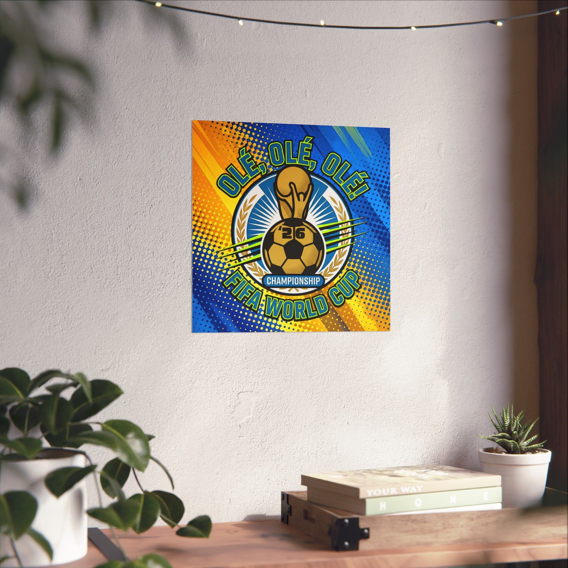 FIFA World Cup championship poster on a wall with plants and books on a table below.