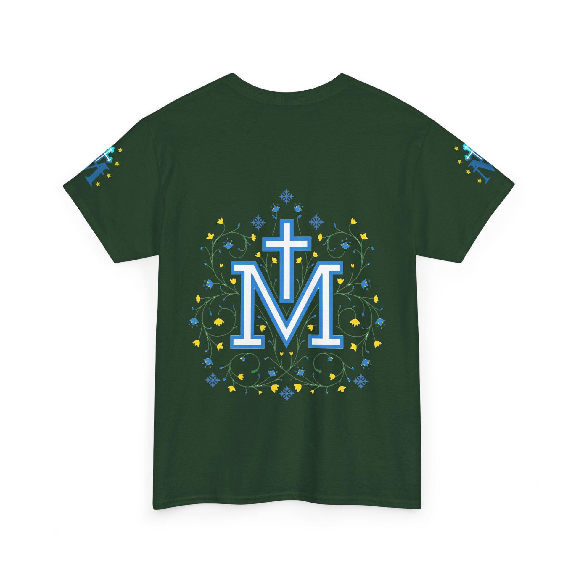Green t-shirt with a decorative design featuring a cross and letter 'Marian symbol' 