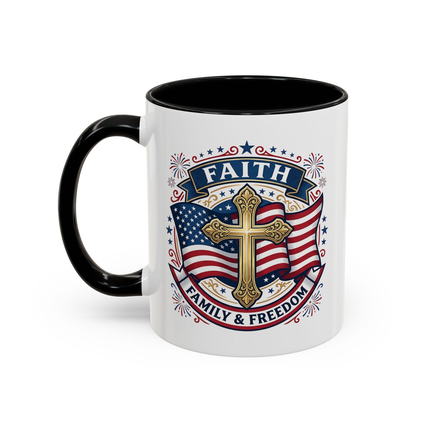 Faith, Family & Freedom Accent Coffee Mug — Patriotic Cross Mug  (USA 250th)